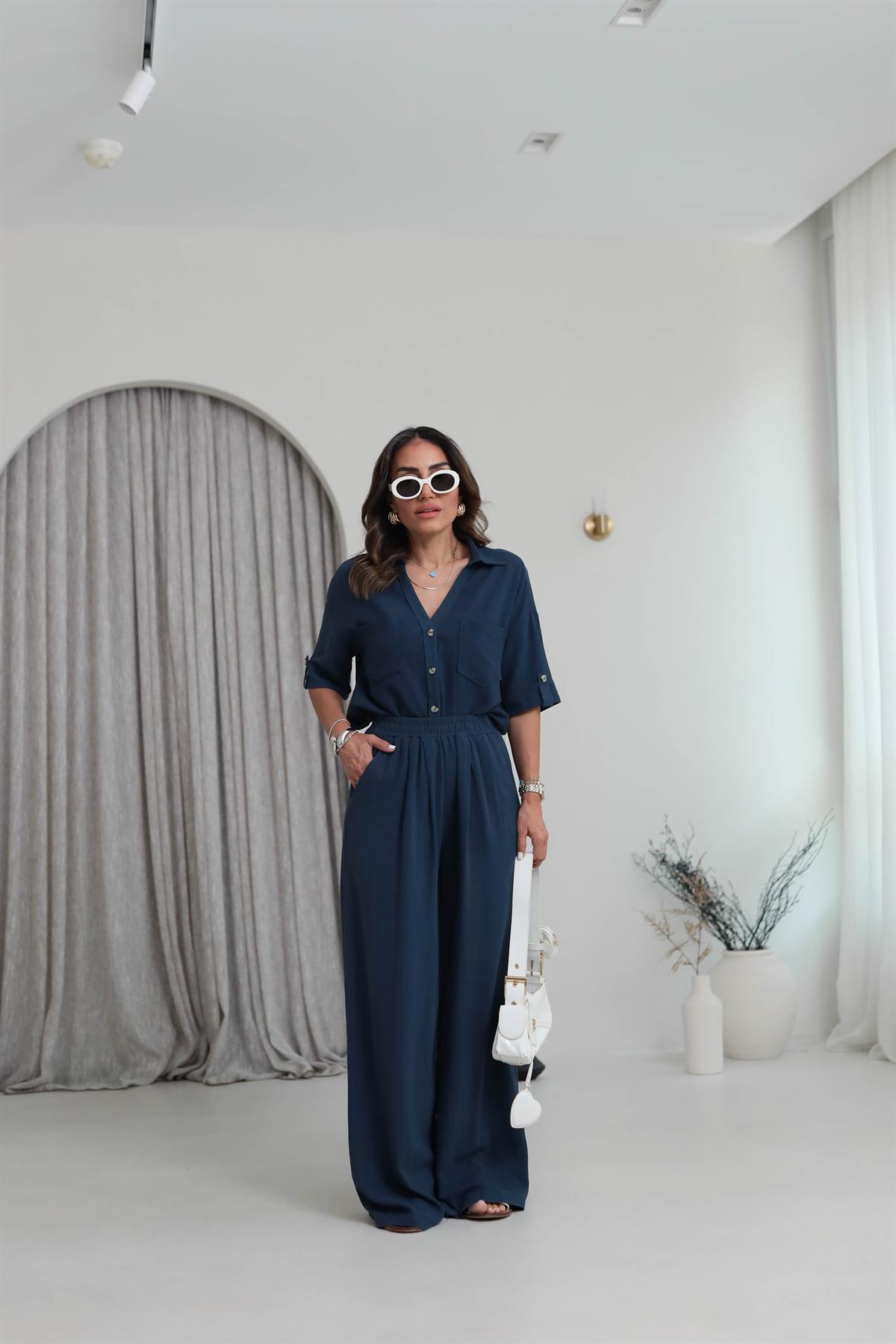 0451 Dökümlü Pamuklu V Yaka Gömlek Pantolon Takım LACİVERT