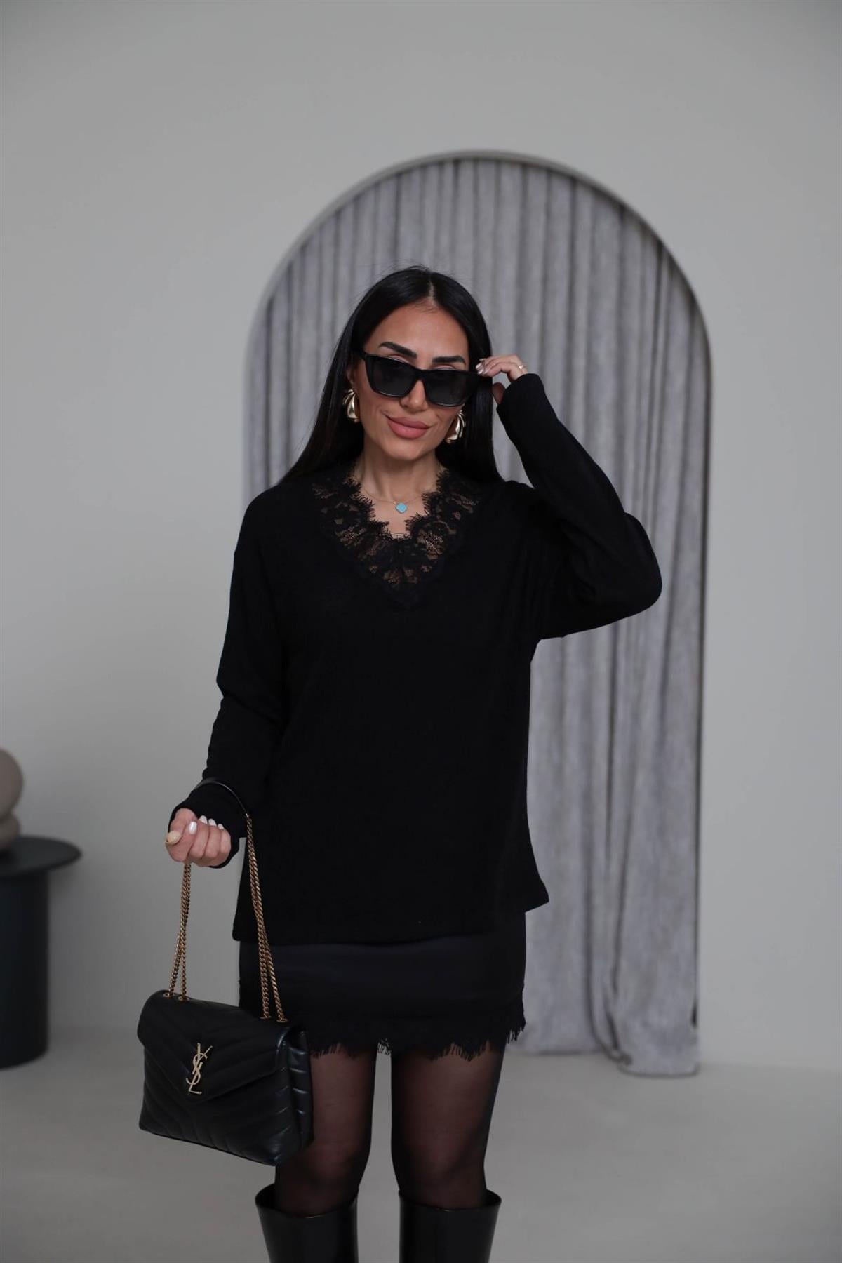 7296 V Yaka Dantelli Triko Kazak SİYAH