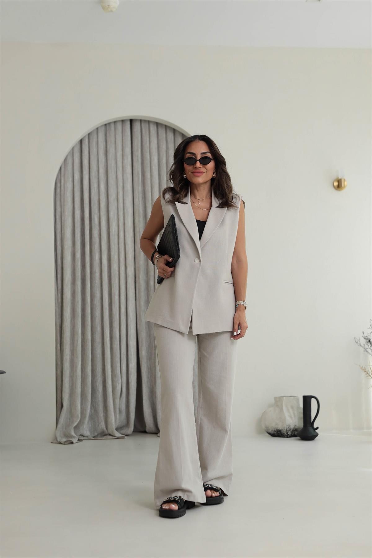 Omuz Vatkalı Yelek Keten Takım TAŞ