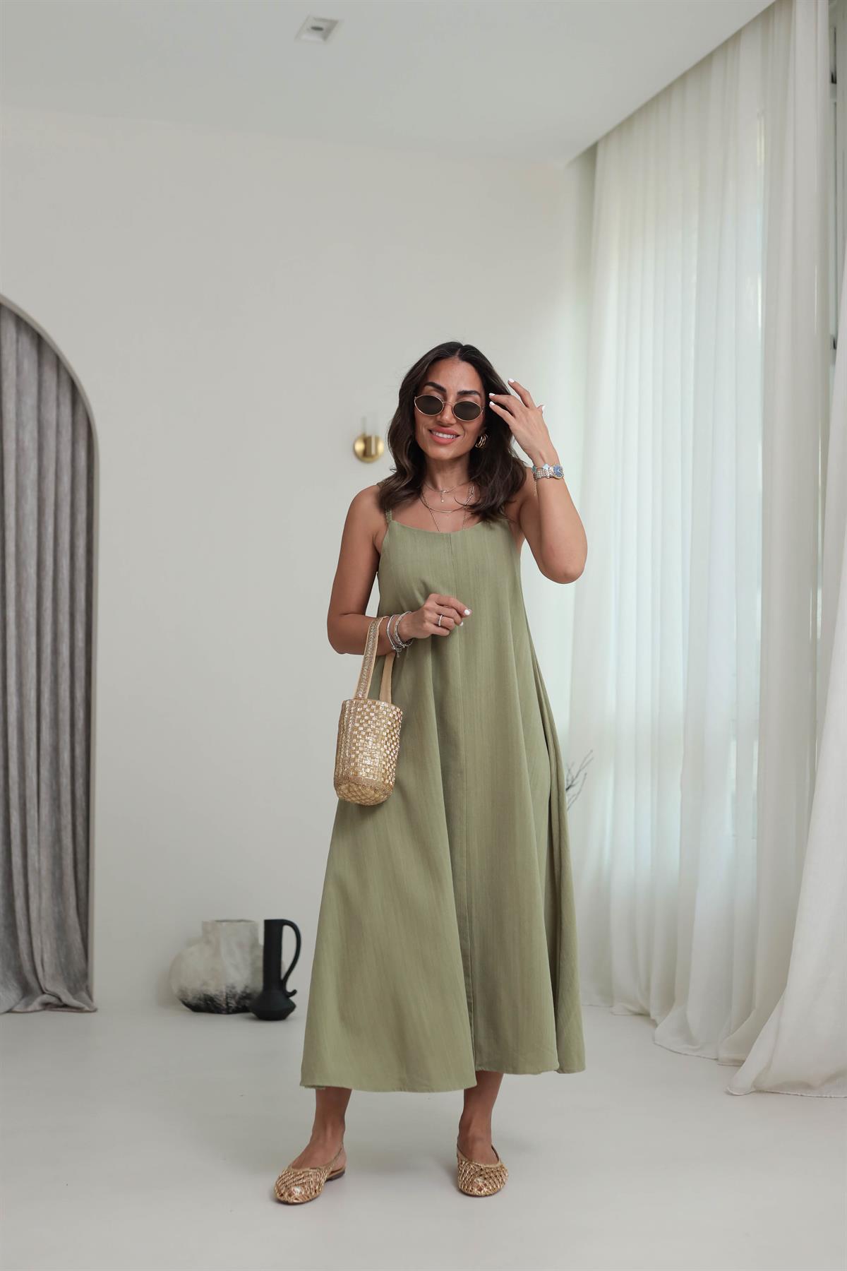 DXB Hasır Örgü Askılı Keten Elbise HAKİ YEŞİL