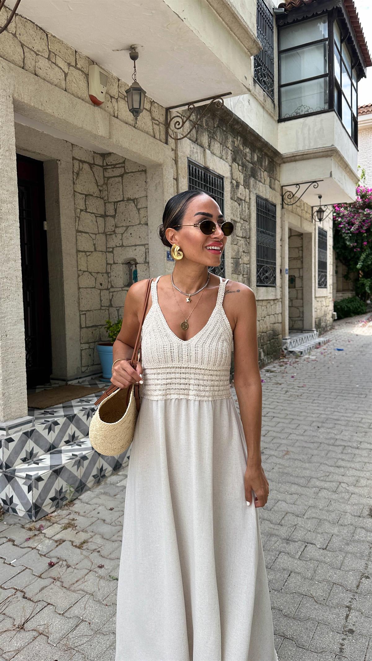 7333 Kroşeli Çapraz Askılı Keten Elbise