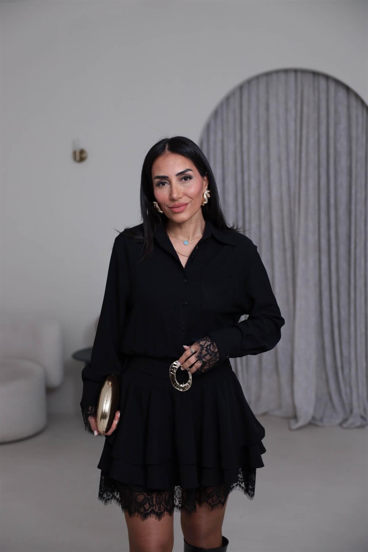 3858 Gömlek Yaka Dantel Detay Kemerli Elbise SİYAH