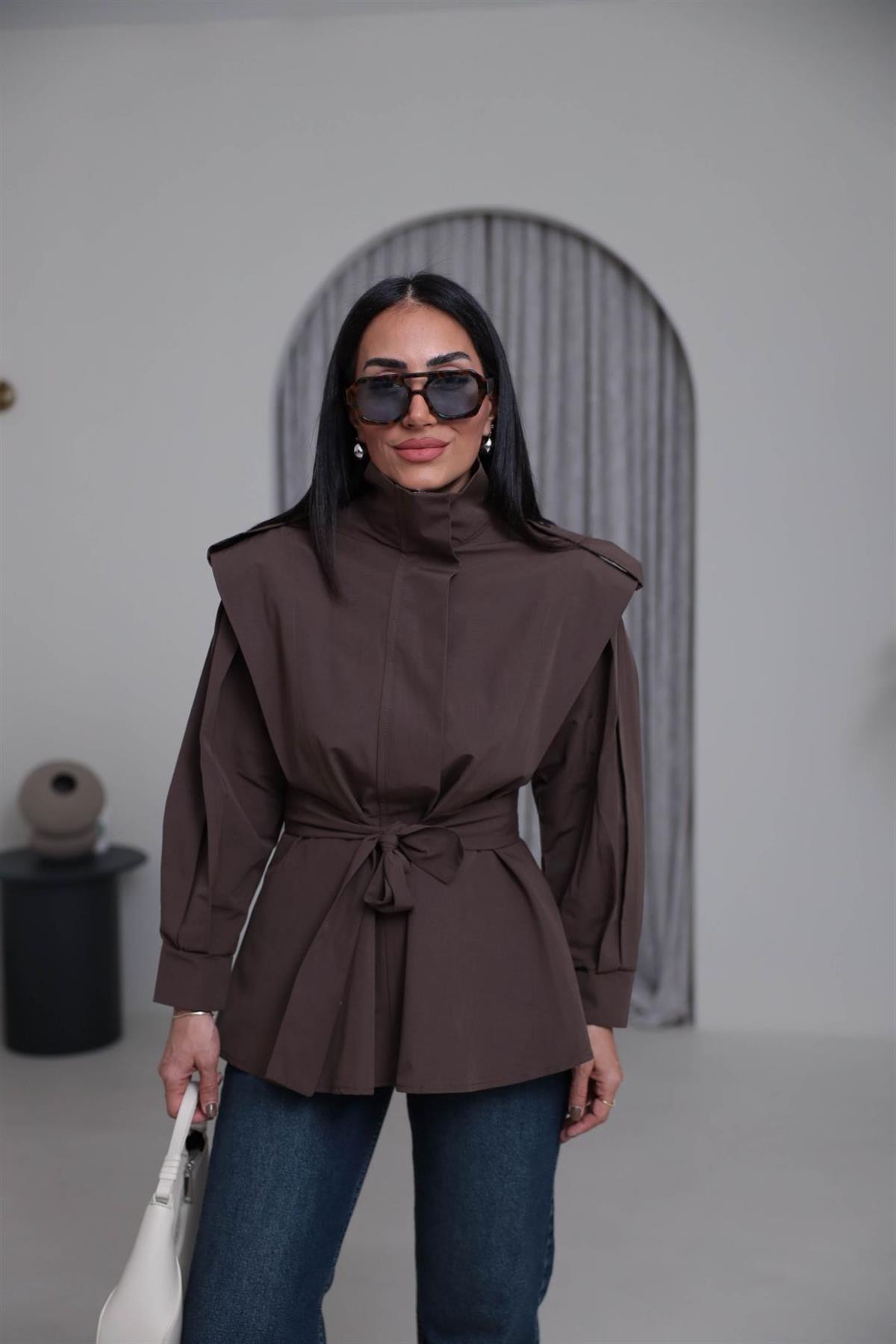 7623 Dik Yaka Geniş Omuz Kuşaklı Trençkot KAHVE