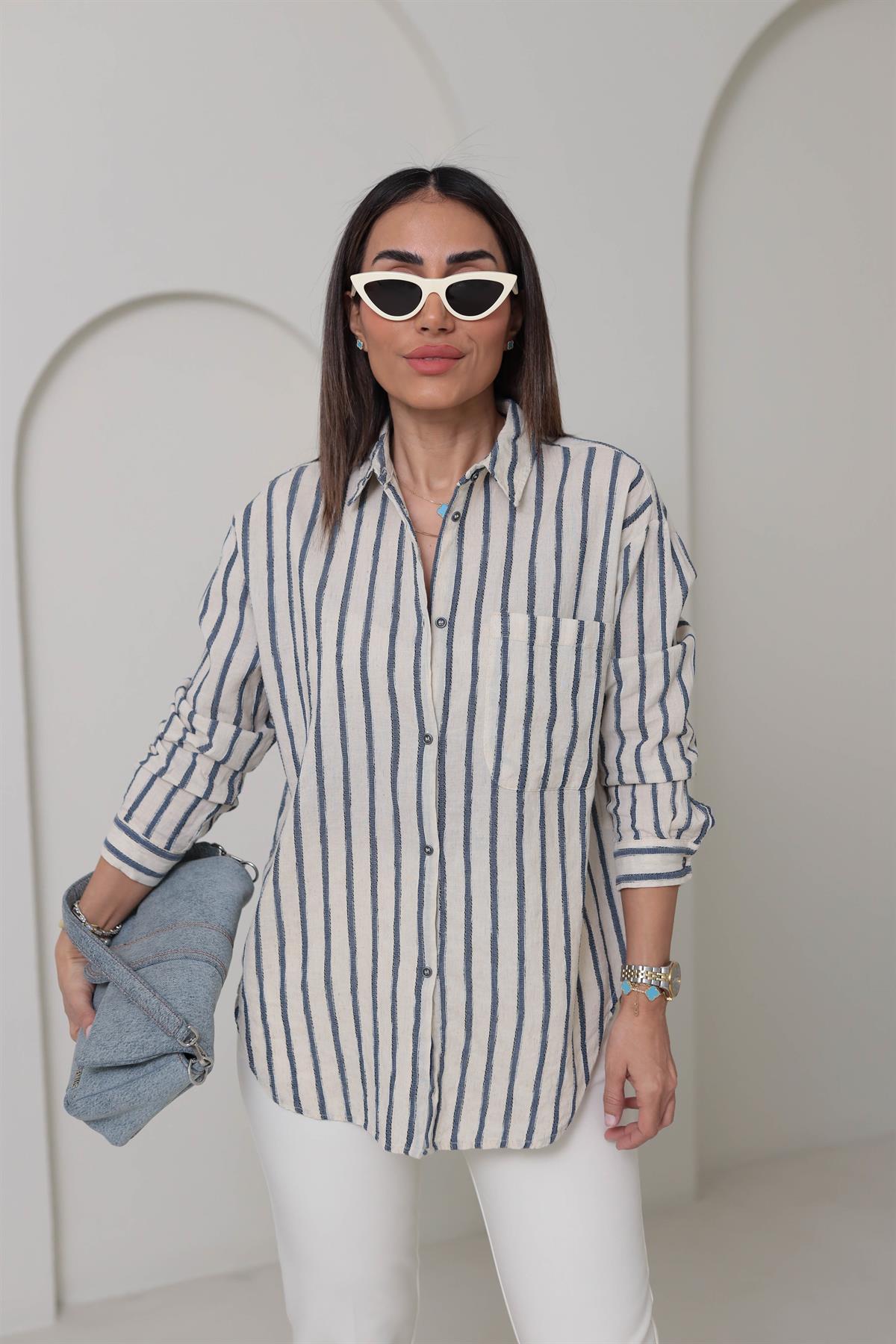 4373 Cep Detaylı Çizgili Keten Gömlek TAŞ MAVİ