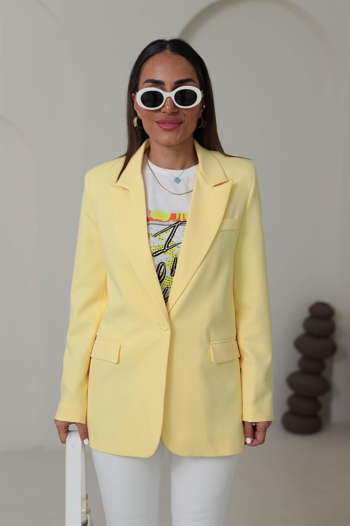 0873 Tek Düğmeli Vatkalı Blazer Ceket SARI