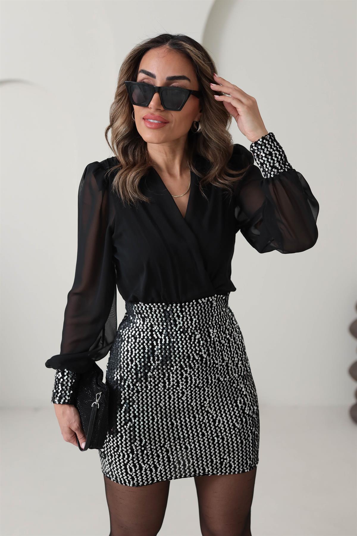 3658 Kruvaze Yaka Eteği Pul Payet Elbise GRİ