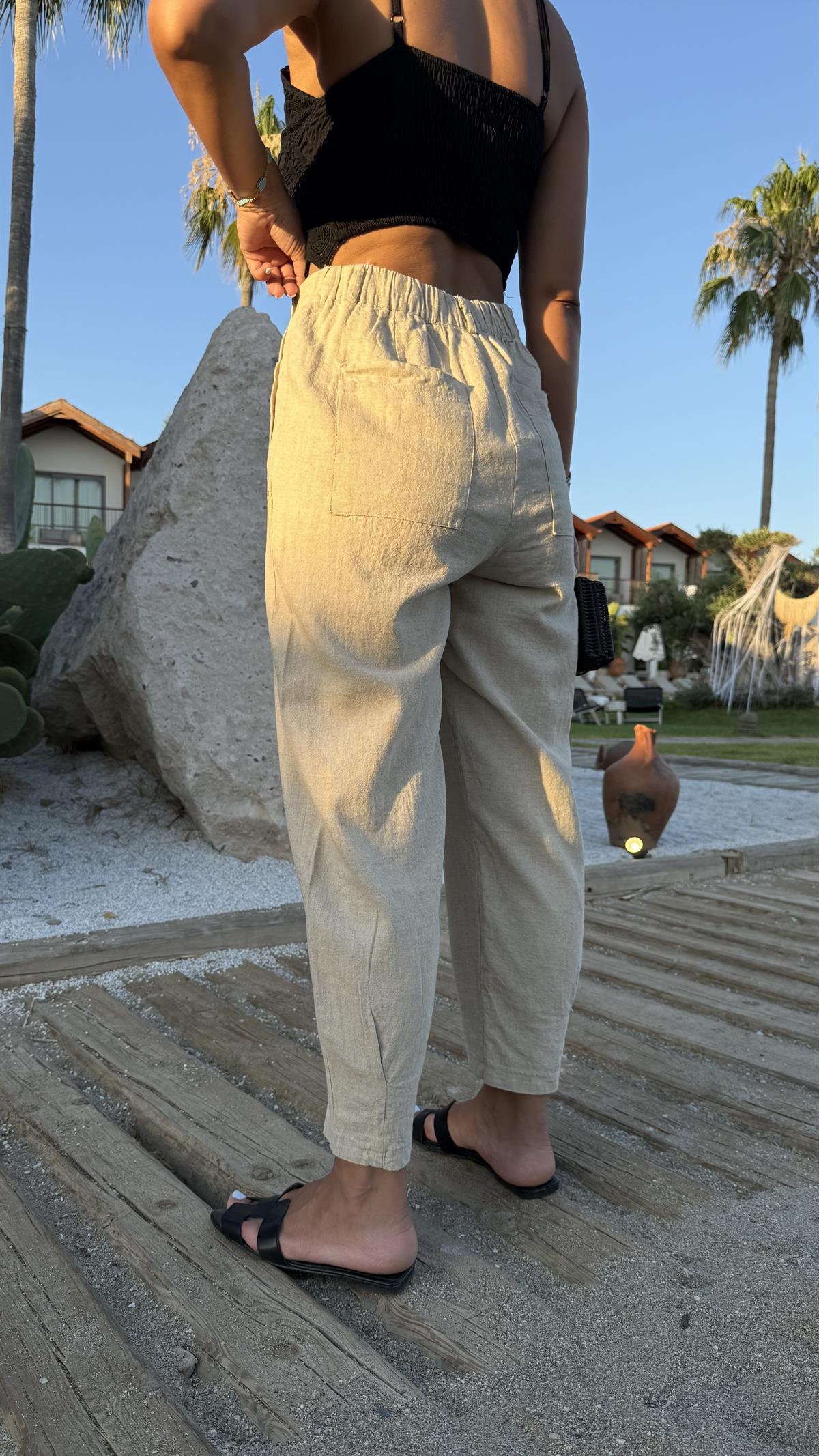 1711 Paçası Pensli Yan Cepli Keten Pantolon TAŞ