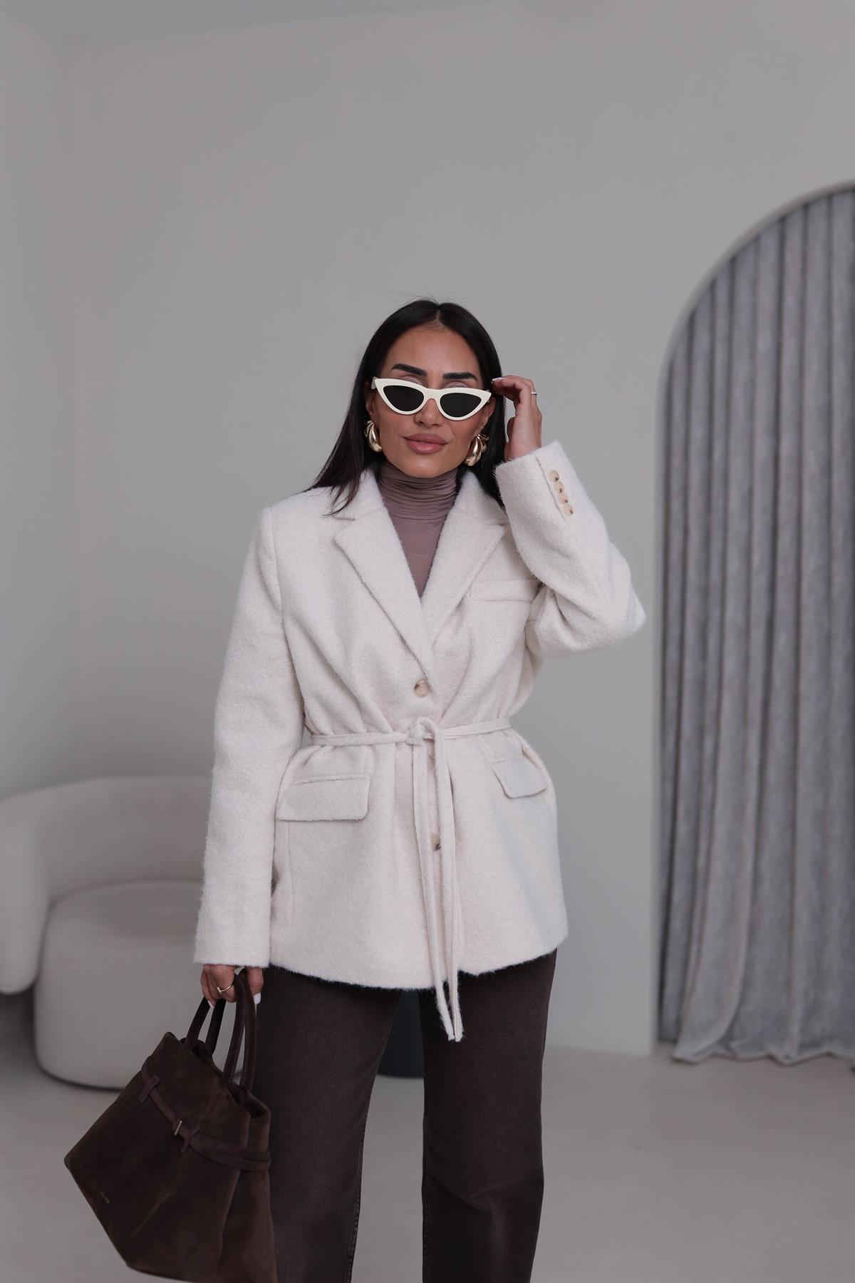 7368 Kuşak Detaylı Blazer Kaşe Ceket EKRU