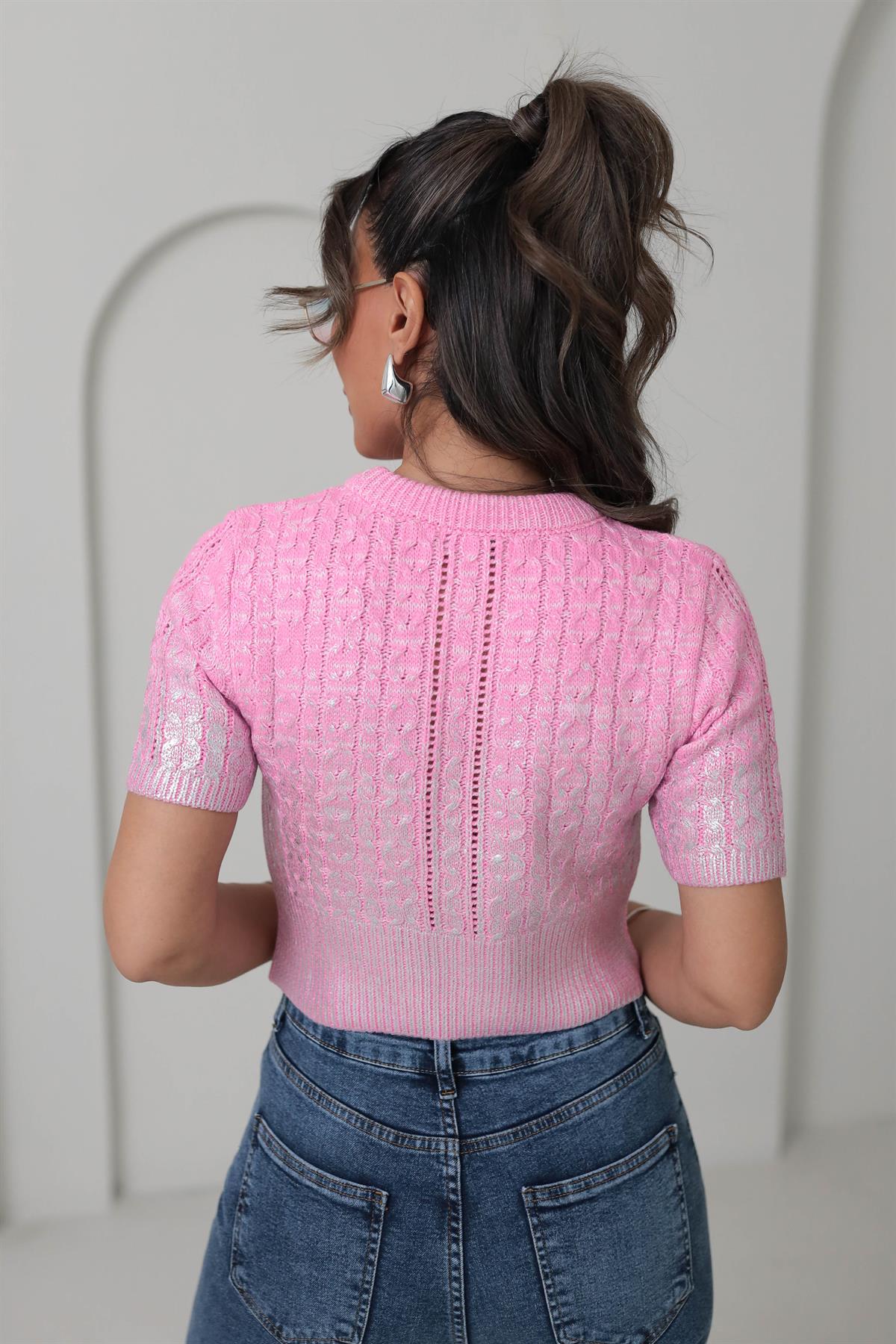 4225 Gümüş Baskılı Kısa Kol Kazak PEMBE