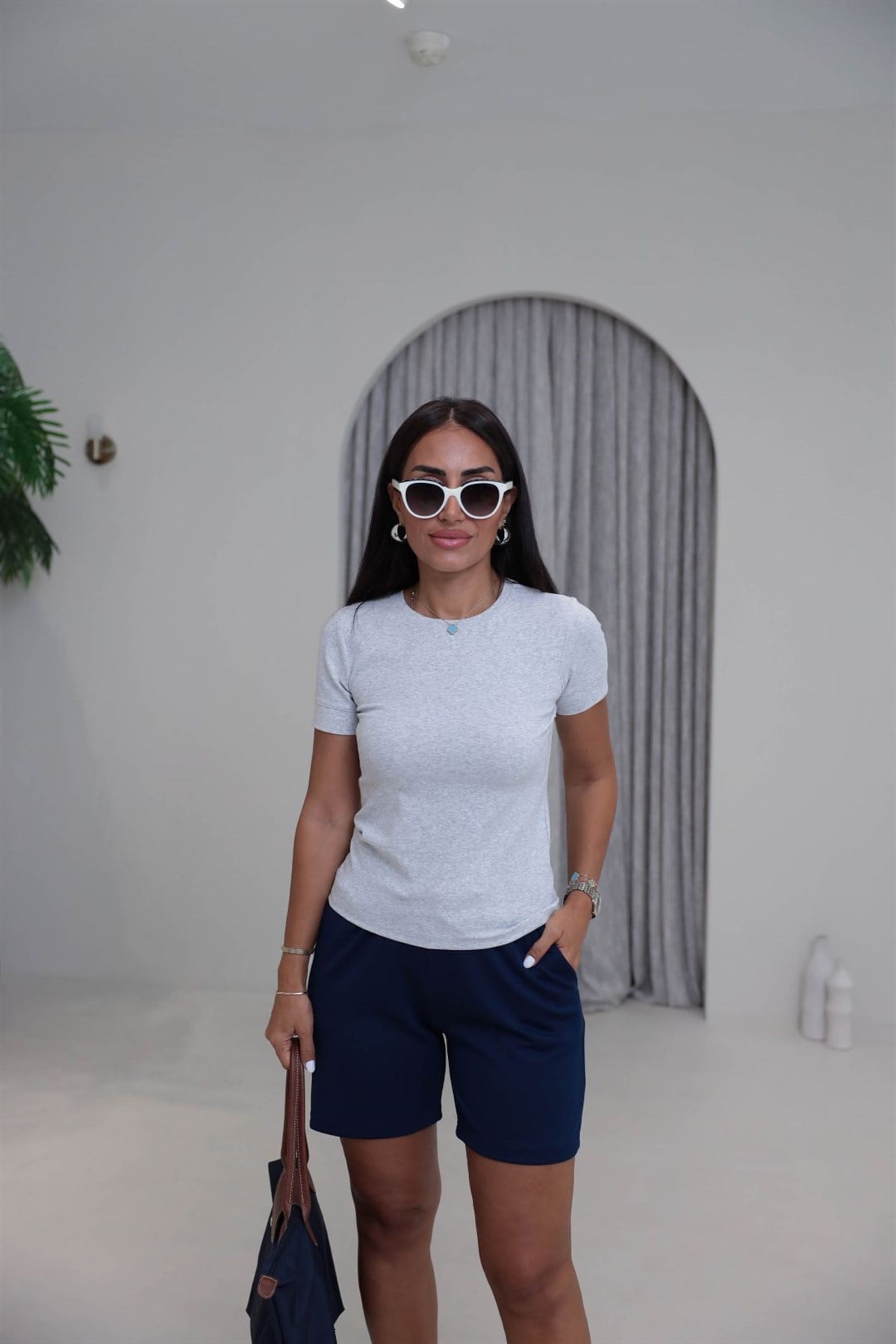 2637 Kol Ribanalı Bisiklet Yaka Tshirt GRİ