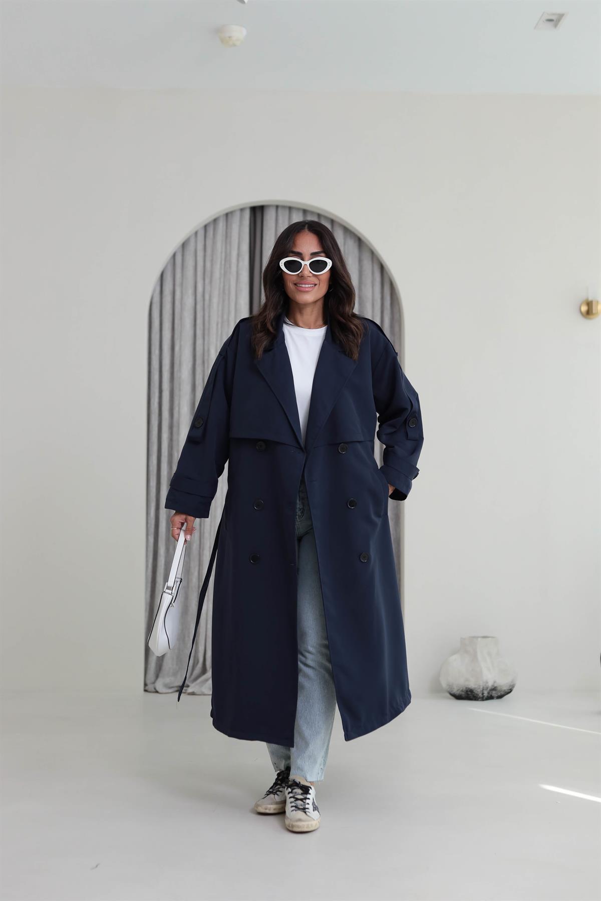 2020 Apoletli Kuşaklı Uzun Trençkot LACİVERT