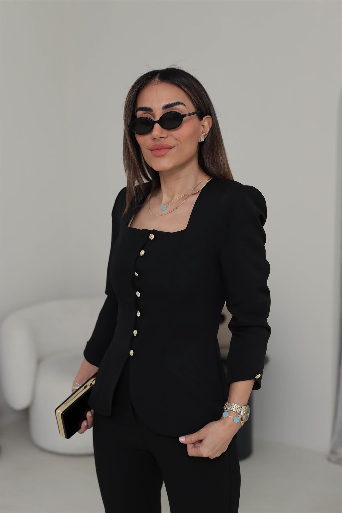 8637 Kare Yaka Gold Düğmeli Blazer Ceket SİYAH