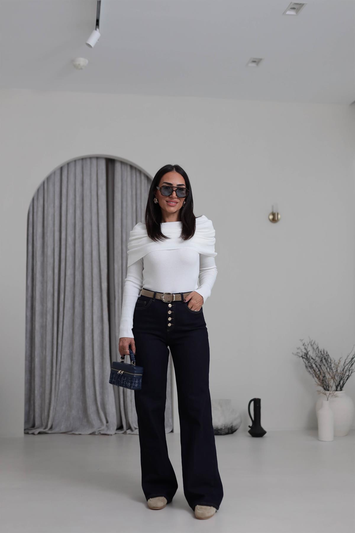 D-884 Kemerli 5 Düğmeli Wide Leg Pantolon LACİVERT