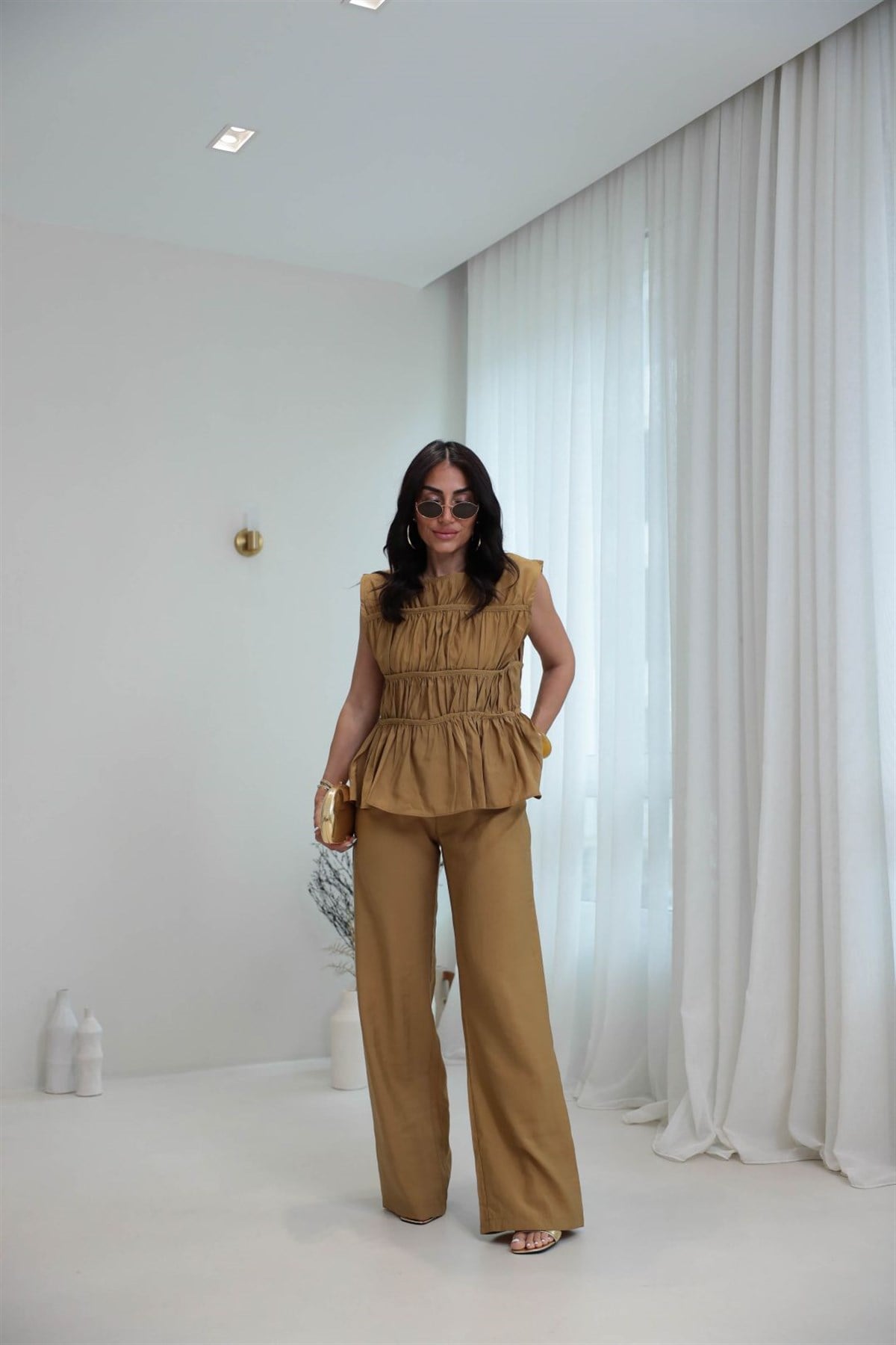 0483 Kat Kat Dikiş Detaylı Tencel Takım OLİVE