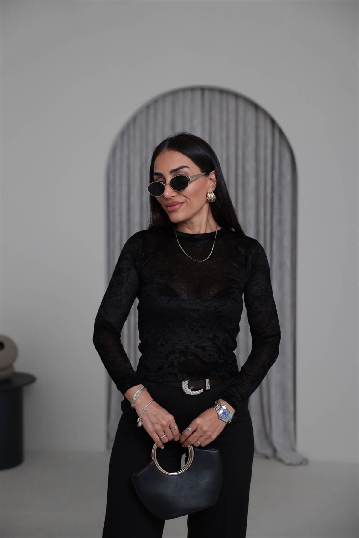 7120 Bisiklet Yaka Tül Kadife Bluz SİYAH