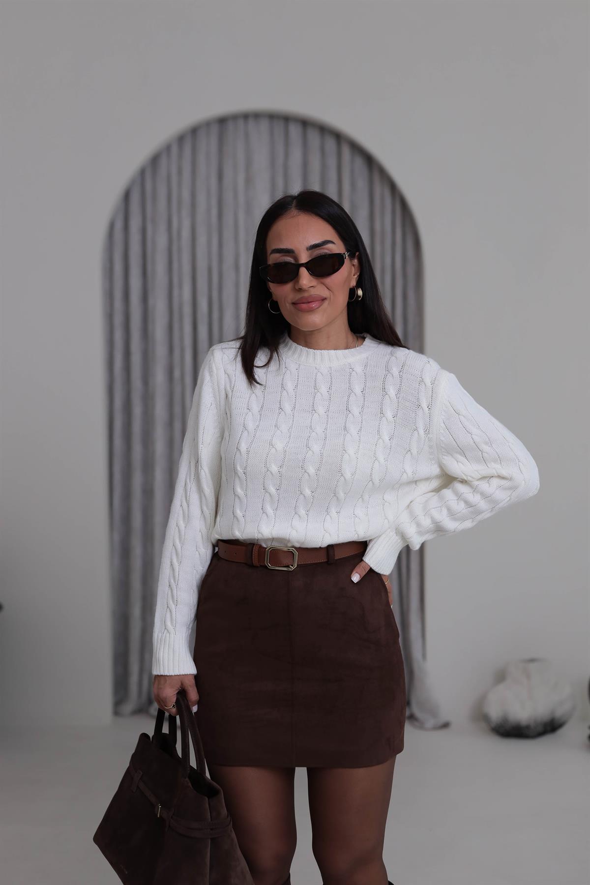 Bisiklet Yaka Örgü Kazak EKRU