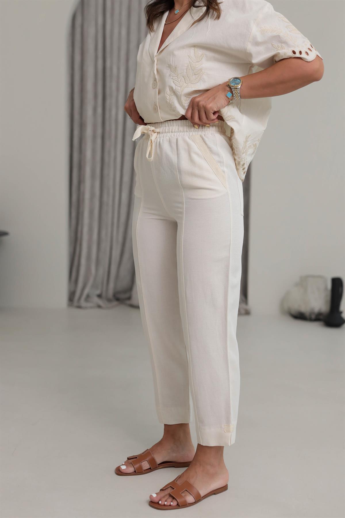 3875Y Balıksırtı Detay Yüksek Bel Pantolon NATURAL