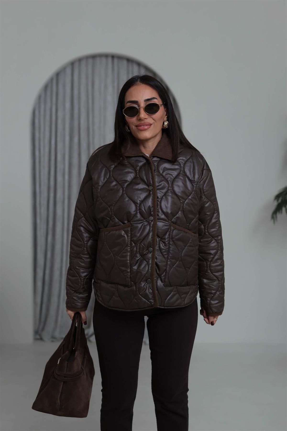 M20 Kapitone Kadife Yaka Mont ACI KAHVE