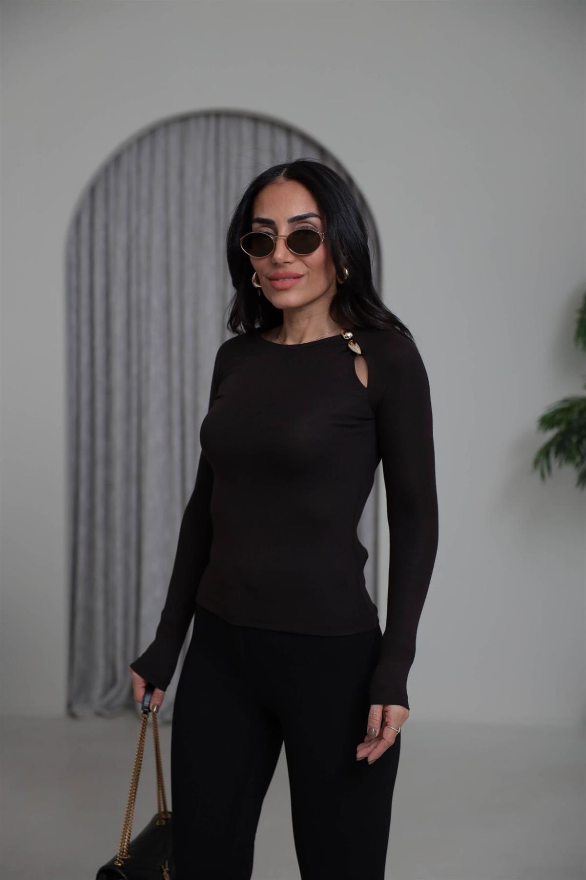 1063 Gold Aksesuarlı Modal Bluz ACI KAHVE