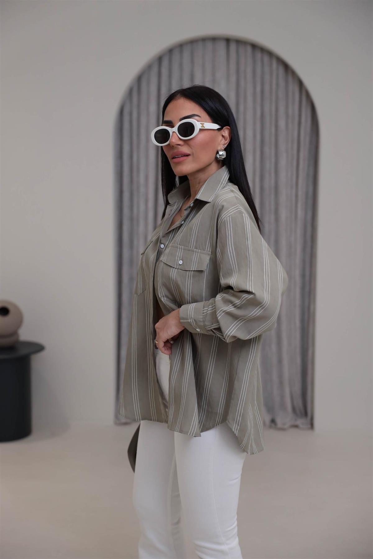 4003 Cepli Çizgili Viskon Gömlek HAKİ YEŞİL