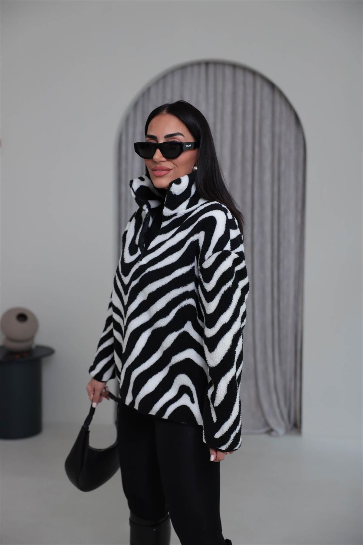 Dik Yaka Yarım Fermuarlı Polar Orj Sweatshirt ZEBRA