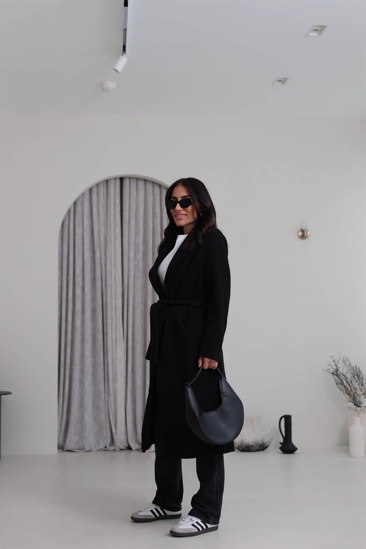 2173 Kuşaklı Kaşe Ceket SİYAH