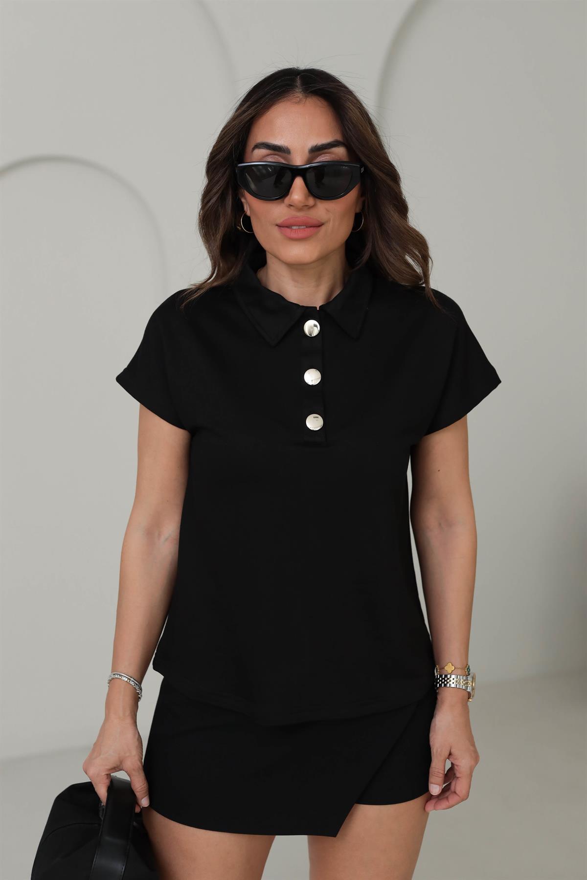 Polo Yaka Gold Düğmeli Düşük Kol Bluz SİYAH