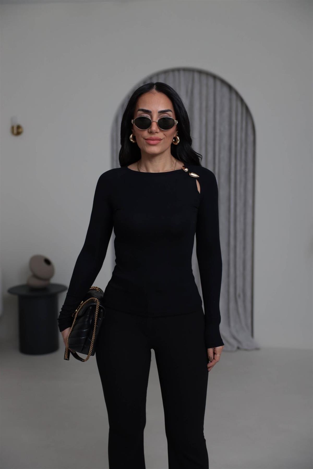 1063 Gold Aksesuarlı Modal Bluz SİYAH