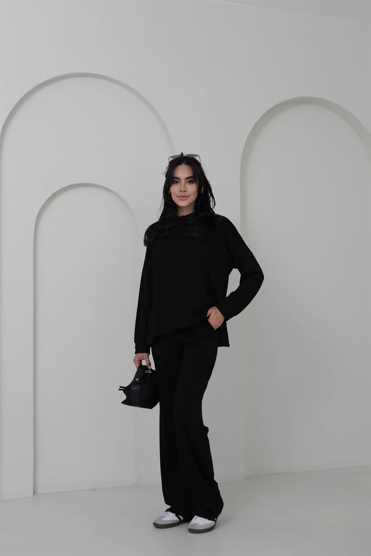 2130 Kapşonlu Uzun Kol Modal Penye Takım SİYAH