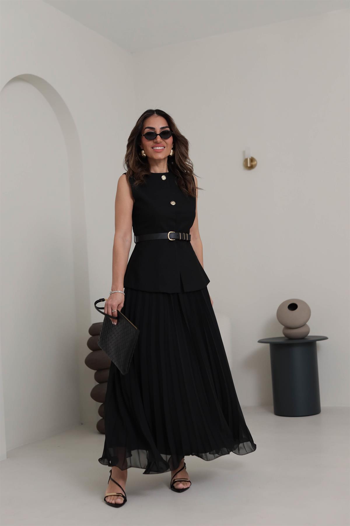 0287 Piliseli Şifon Maxi Etek SİYAH