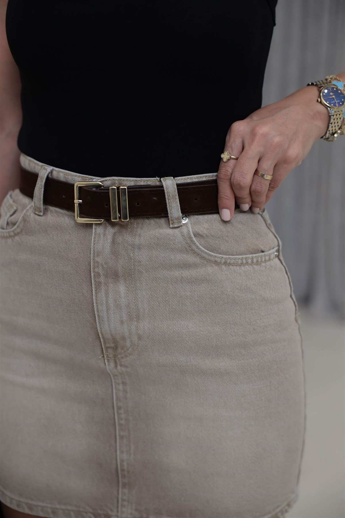 1131 Süet Kemerli Mini Kot Etek BEJ