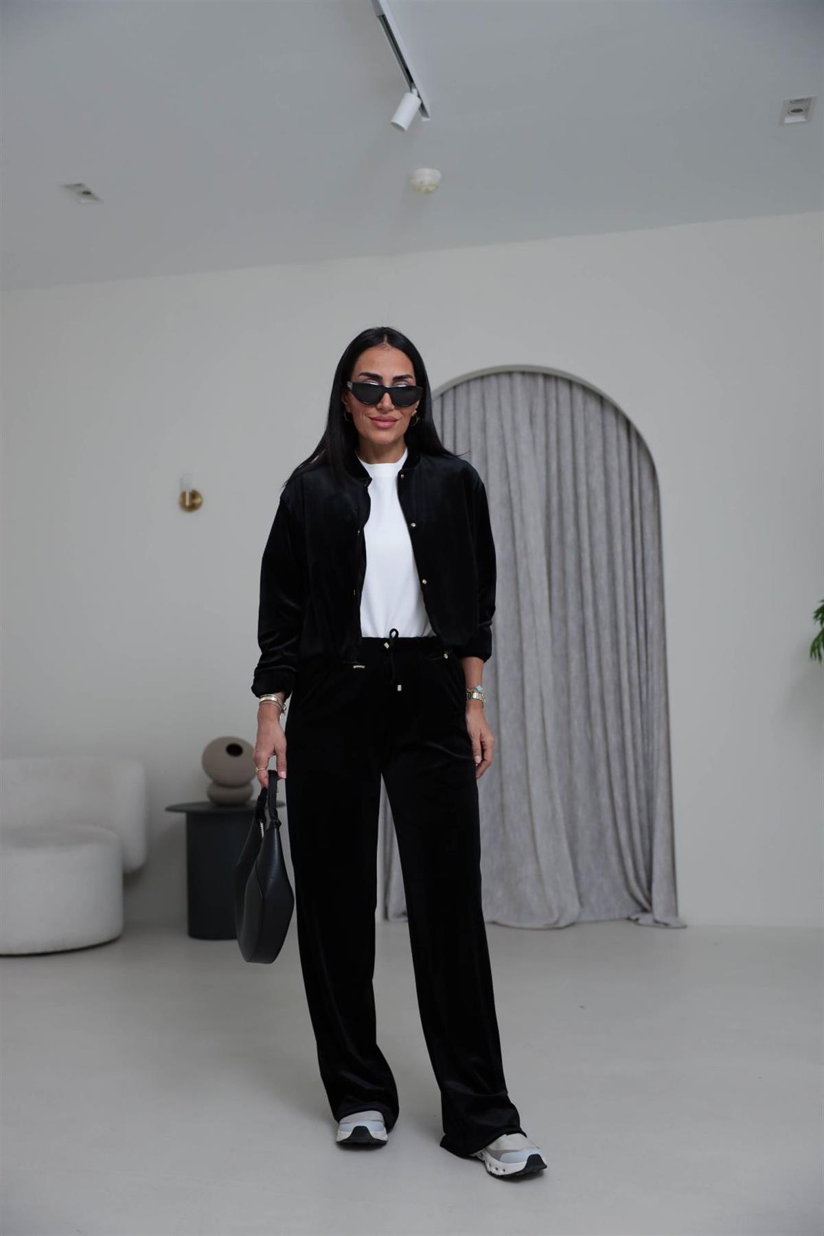 0109 Kadife Belden Büzgülü Çıtçıtlı Takım SİYAH