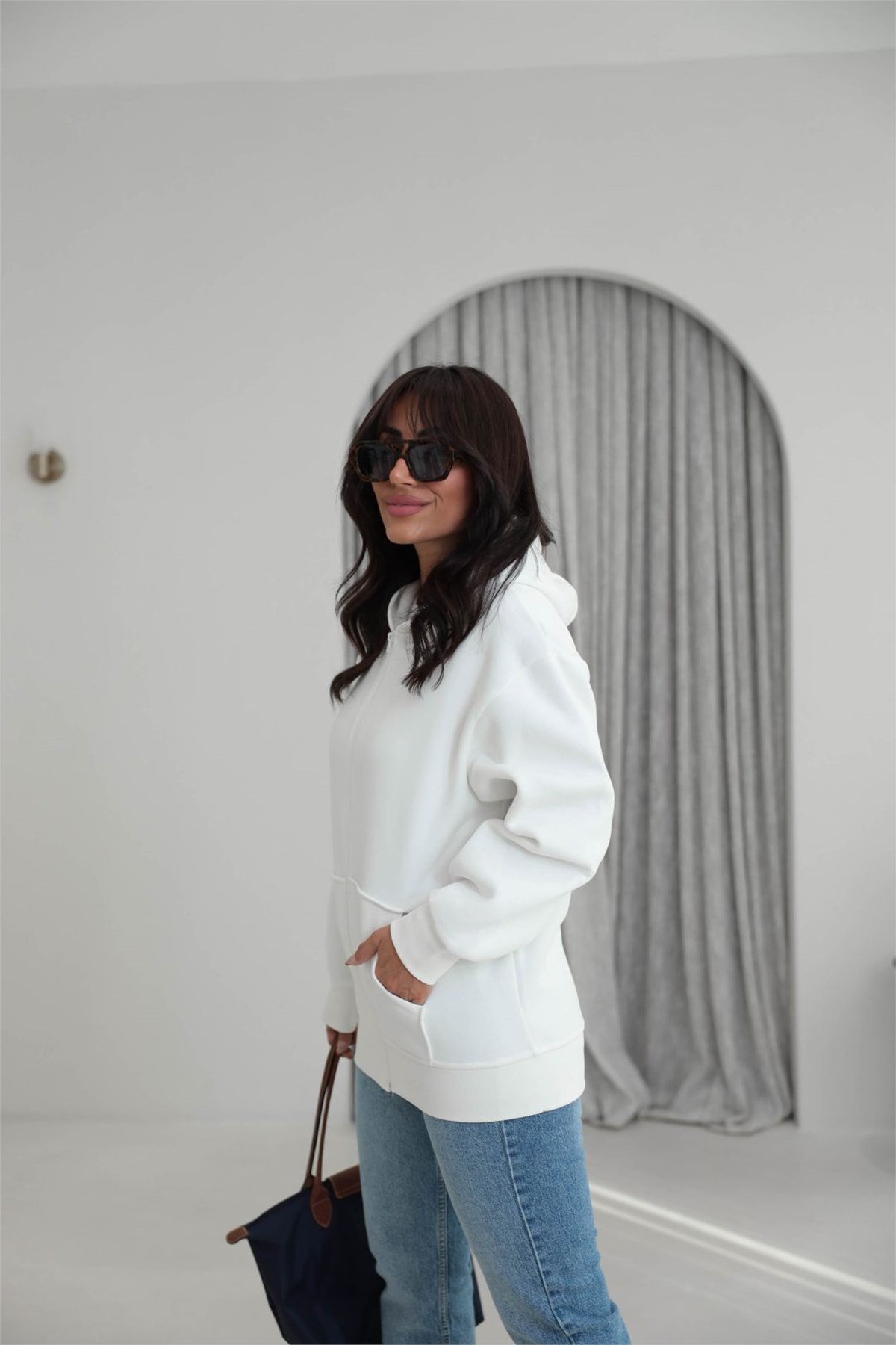 042 Fermuarlı Kapşonlu Sweatshirt EKRU