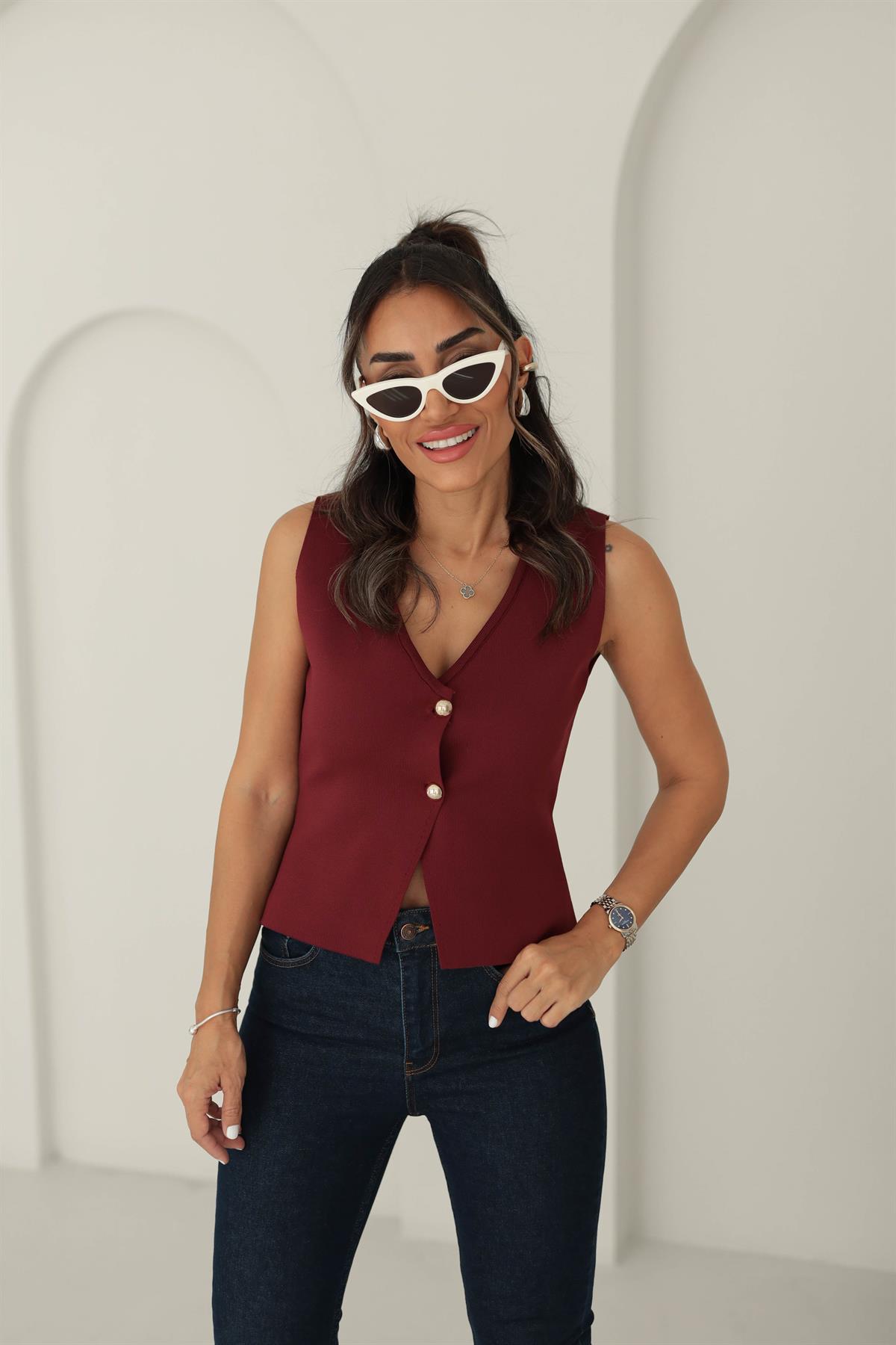 4449 Gold Düğmeli Triko Yelek BORDO