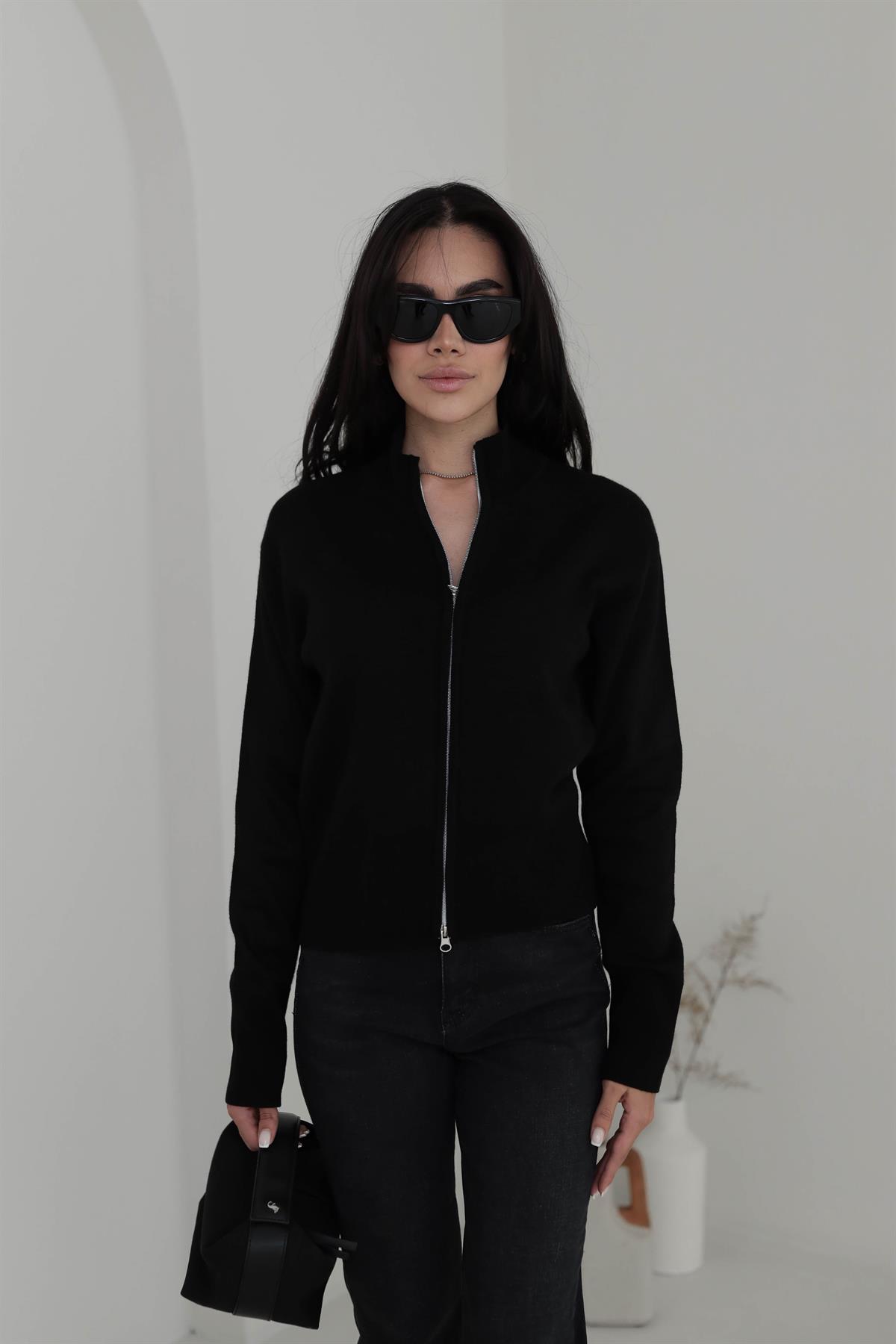 1042 Dik Yaka Çift Fermuarlı Triko Hırka SİYAH