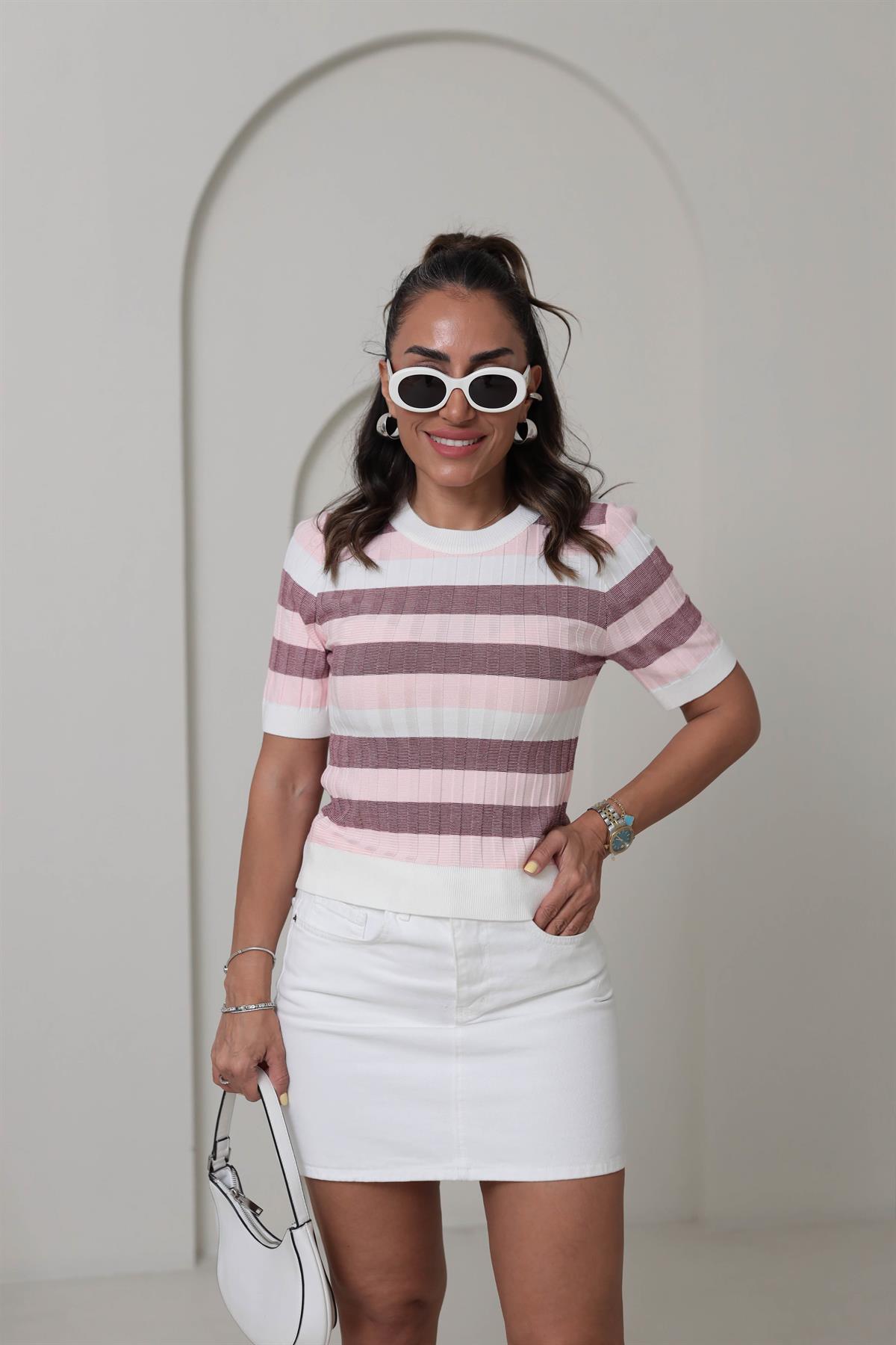 0734 Bisiklet Yaka Çizgili Yumuşak Triko Bluz PEMBE