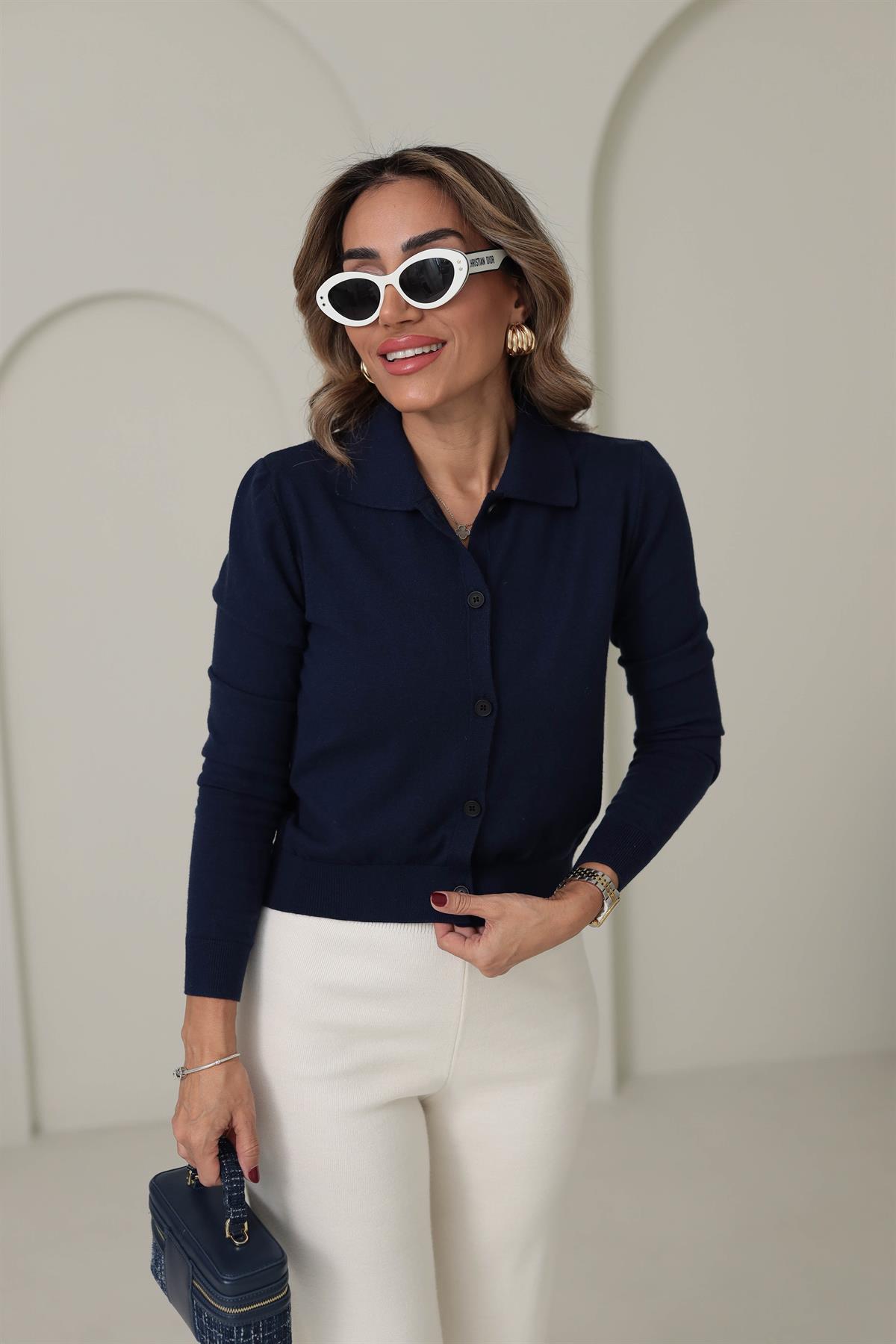 Polo Yaka Dokulu Premium Hırka LACİVERT