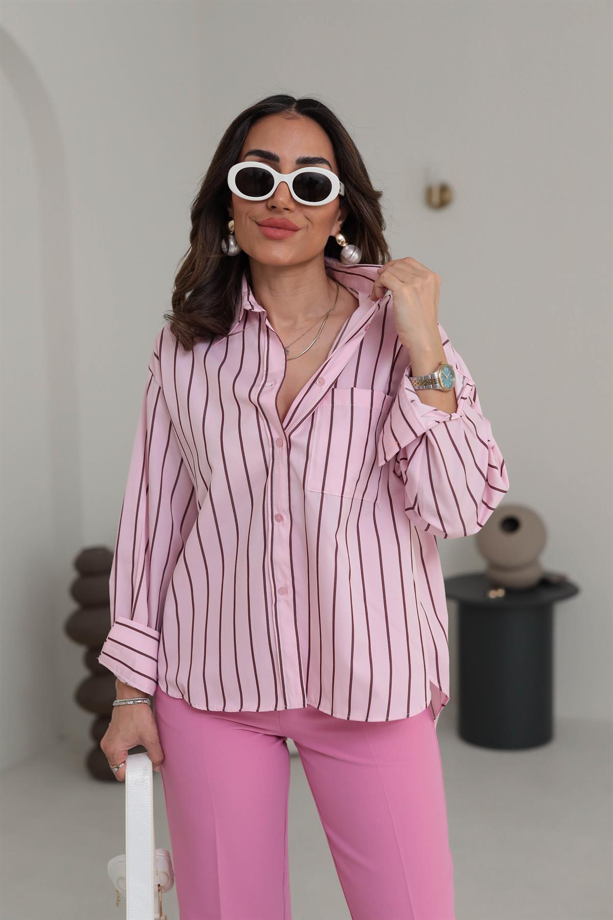 3142 Çizgili Cep Detaylı Poplin Gömlek PEMBE
