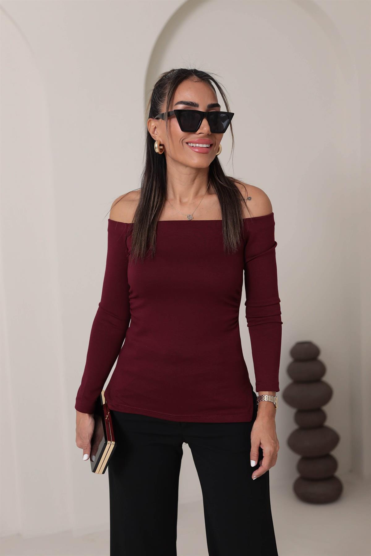 0127 Omuz Dekolteli Dokulu Bluz BORDO