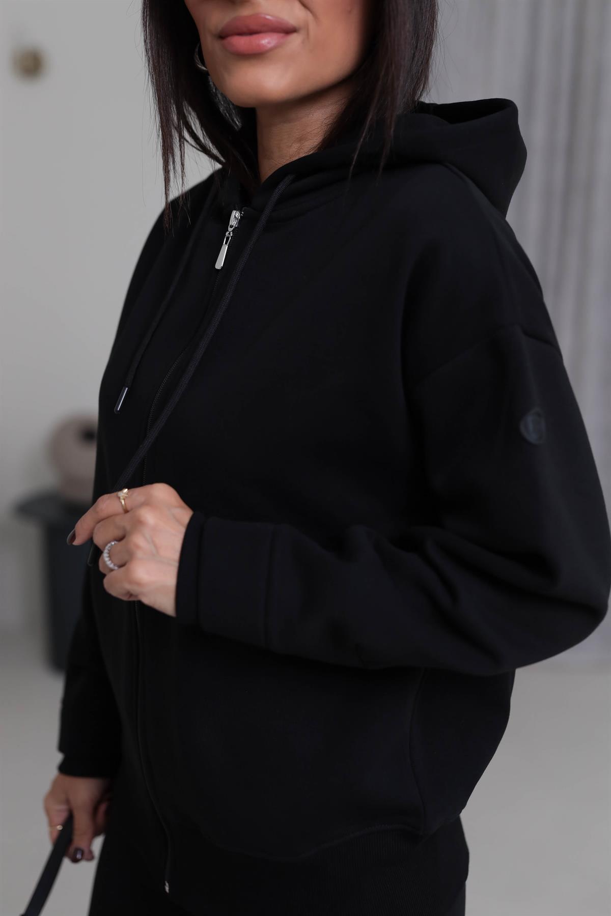 7316 Kapşonlu Fermuarlı Şardonlu Sweatshirt SİYAH