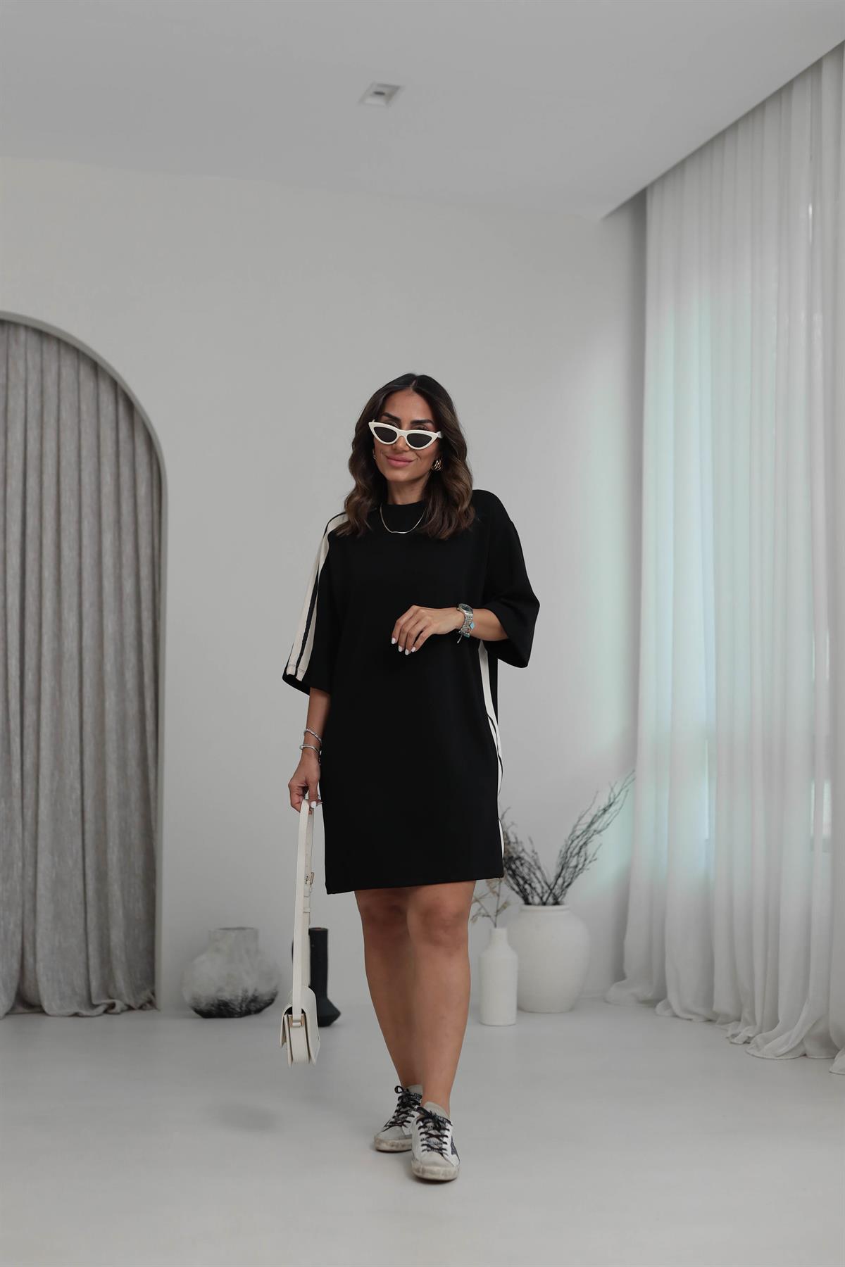 6354 Omuzları Garnili Modal Rahat Elbise SİYAH-BEJ