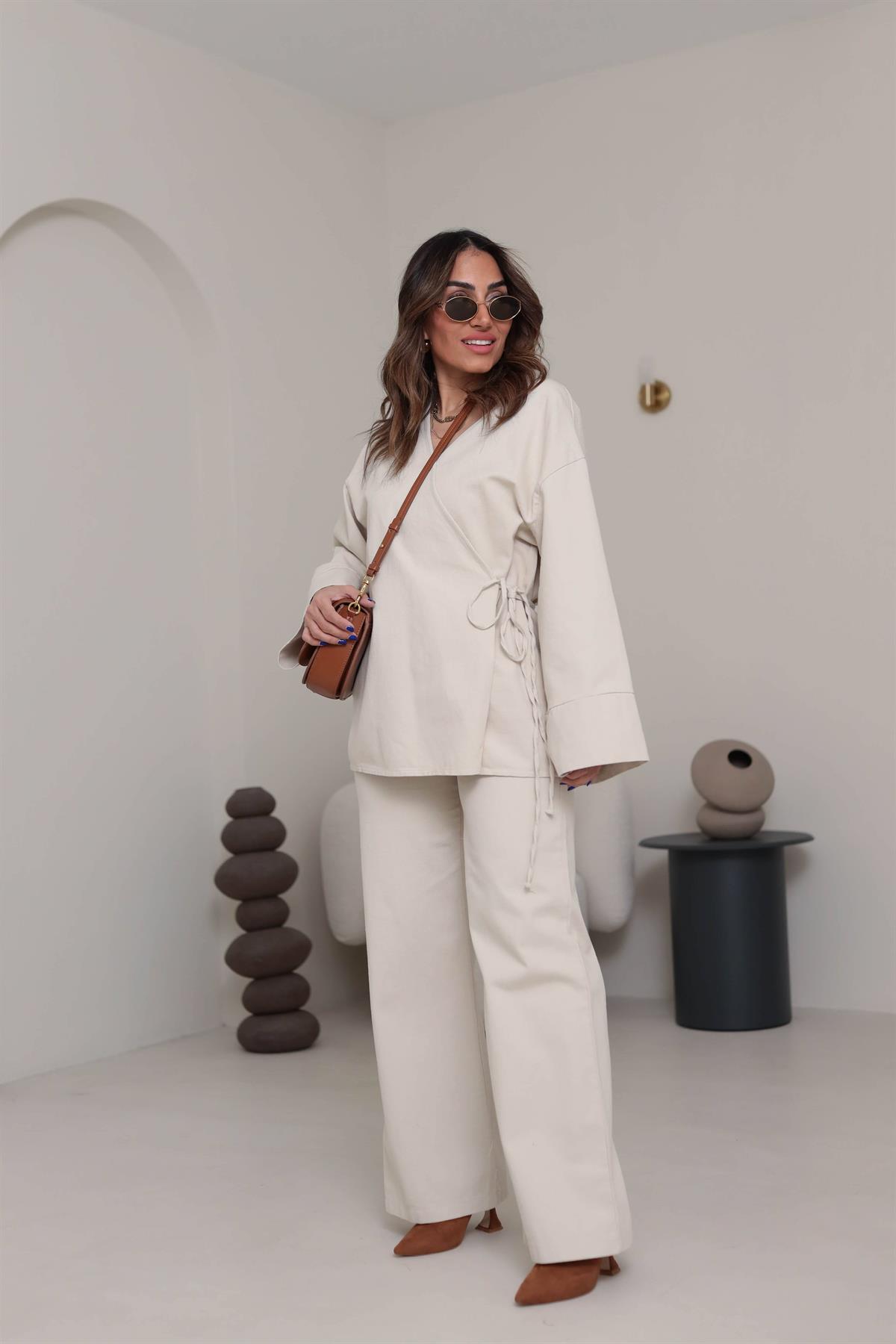 8629 Duble Kol Önden Bağlamalı Ceket & Pantolon Takım TAŞ