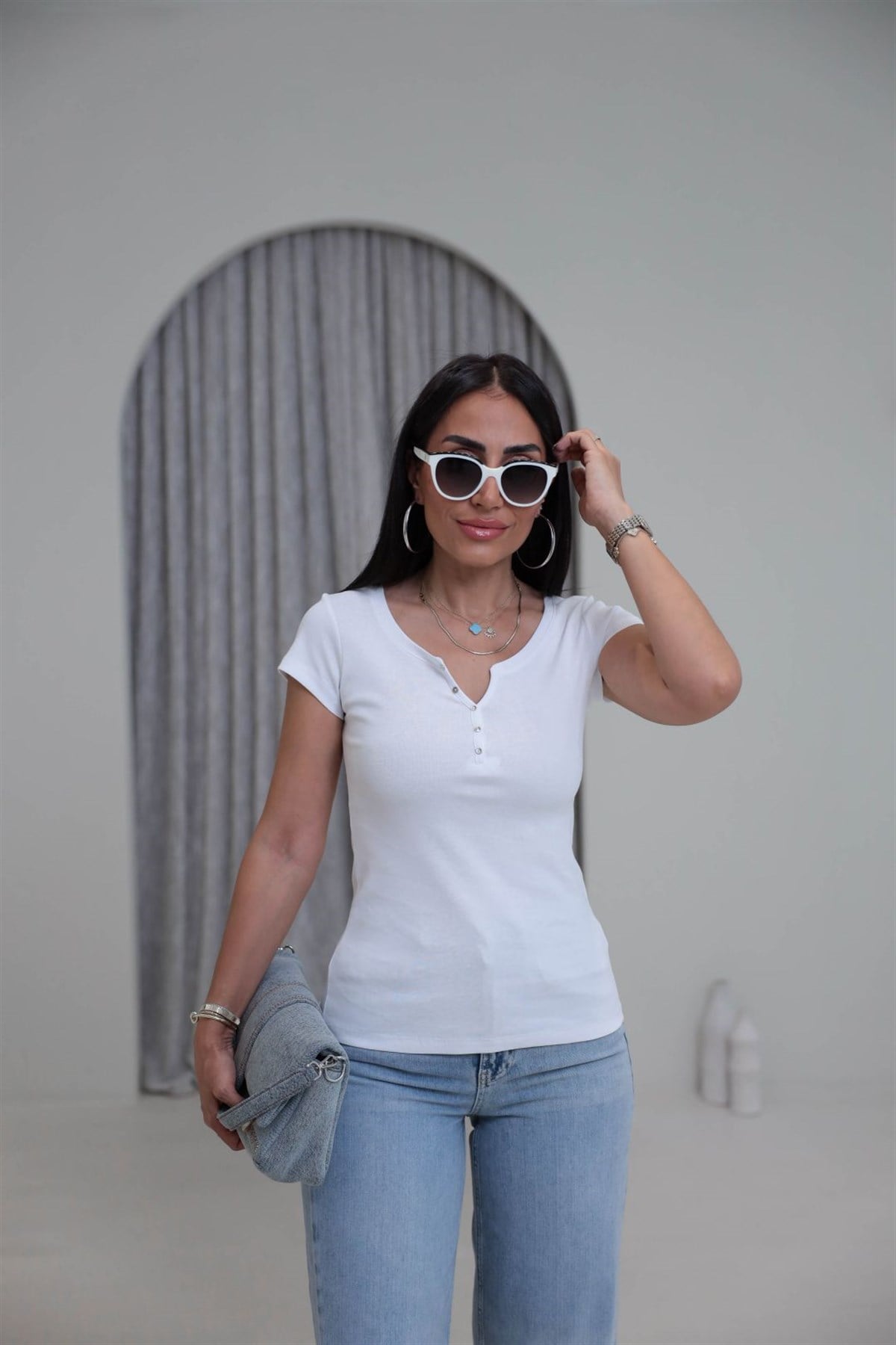 2688 Yaka Düğme Detaylı Pamuklu Tshirt BEYAZ
