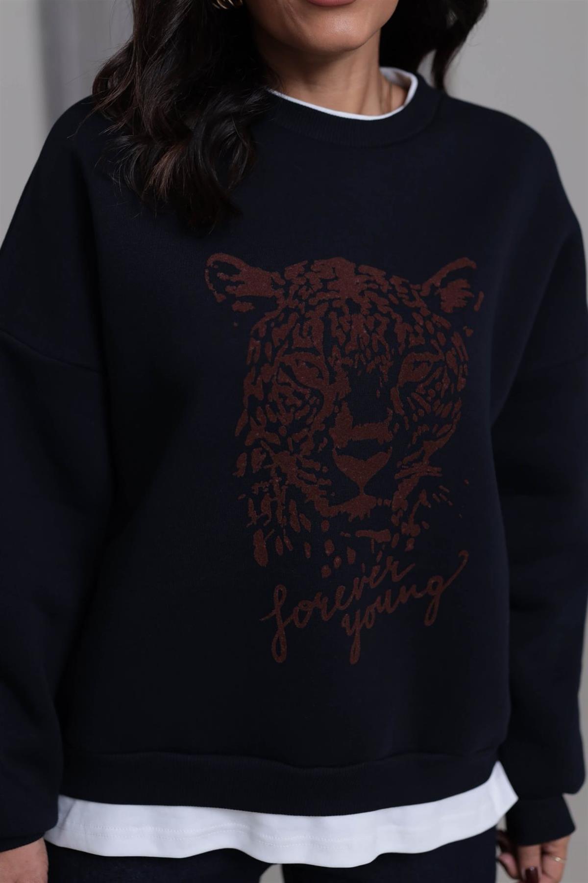 0612 Leopar Baskılı Şardonlu Garnili Sweatshirt LACİVERT