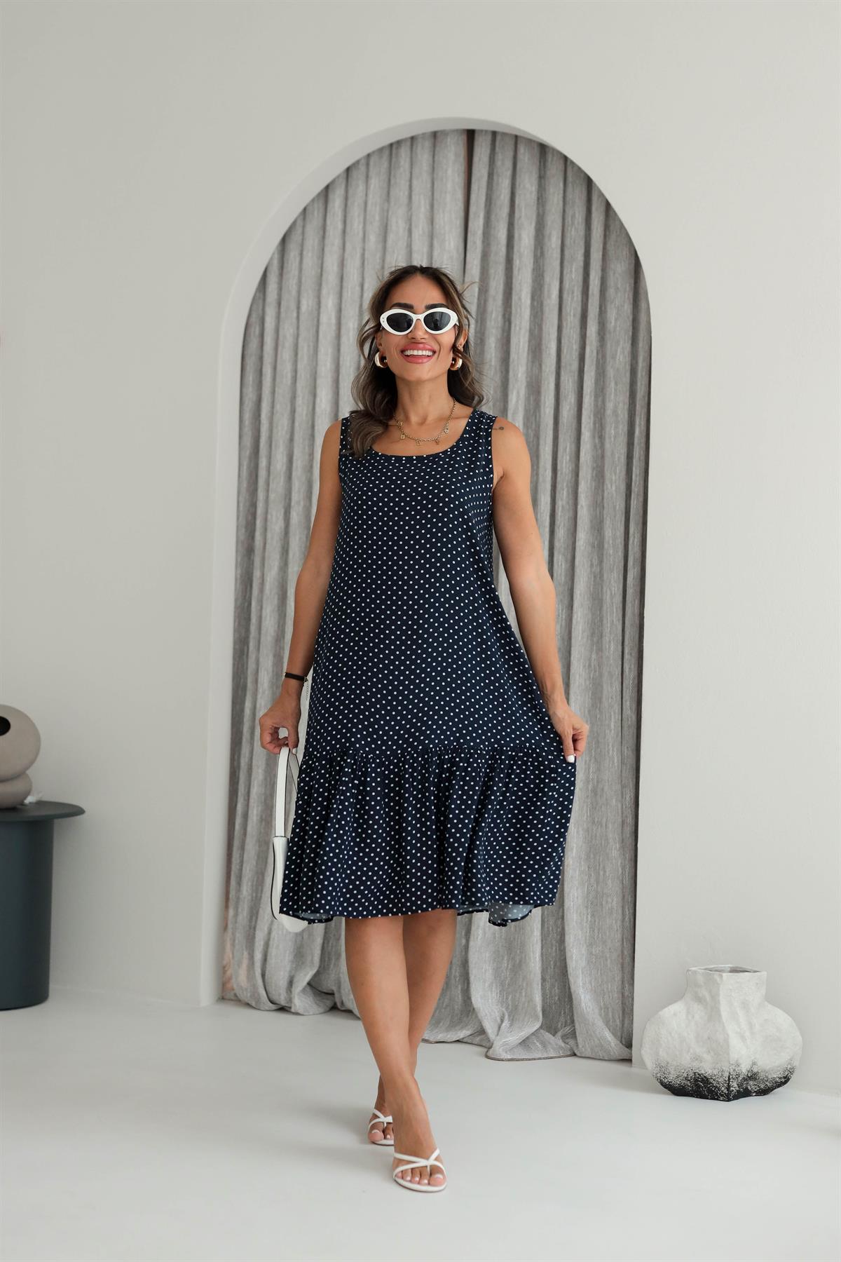 Eteği Fırfırlı Kolsuz Rahat Viskon Elbise