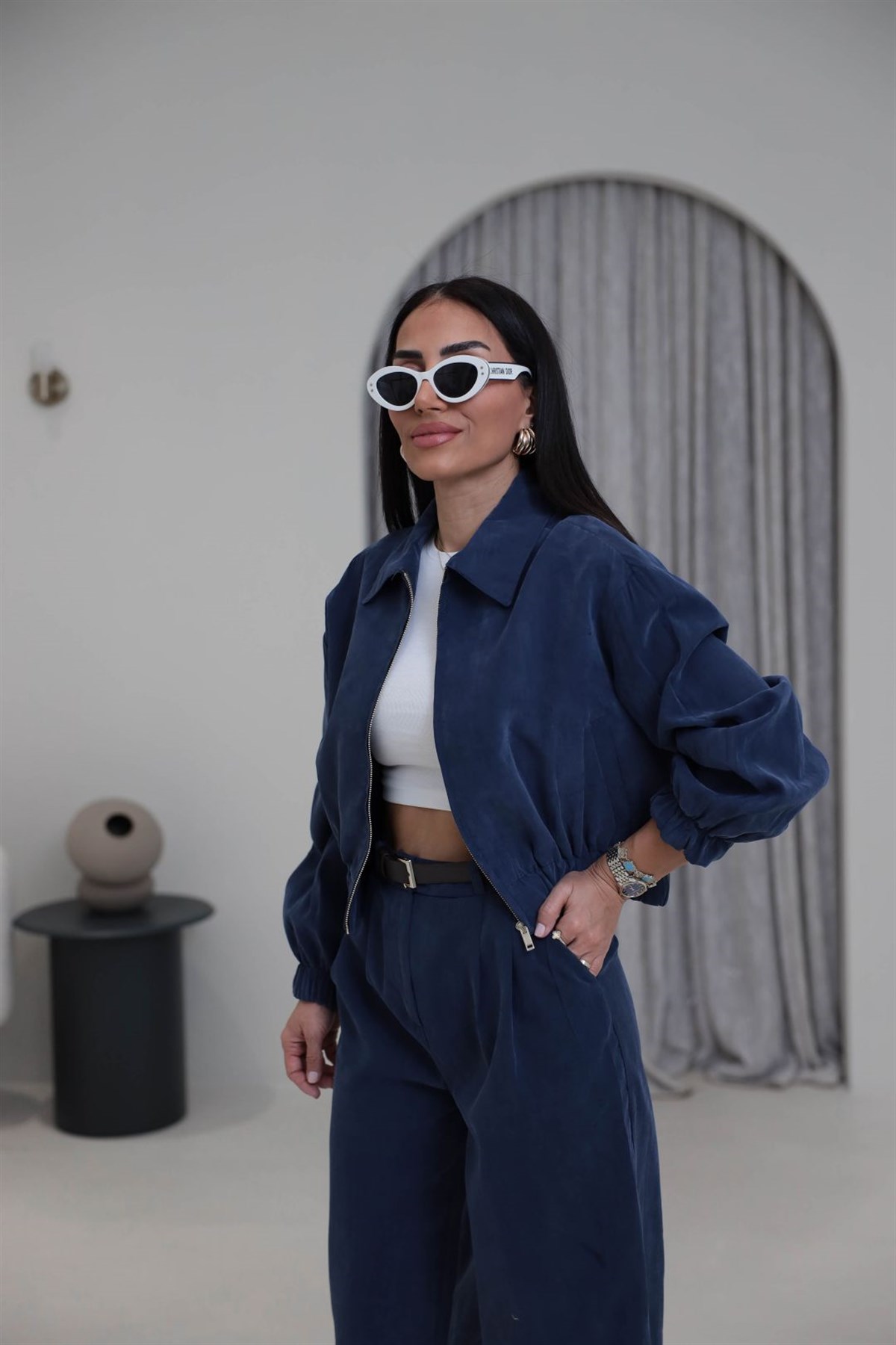 0735 Polo Yaka Bomber Ceketli Tencel Takım LACİVERT