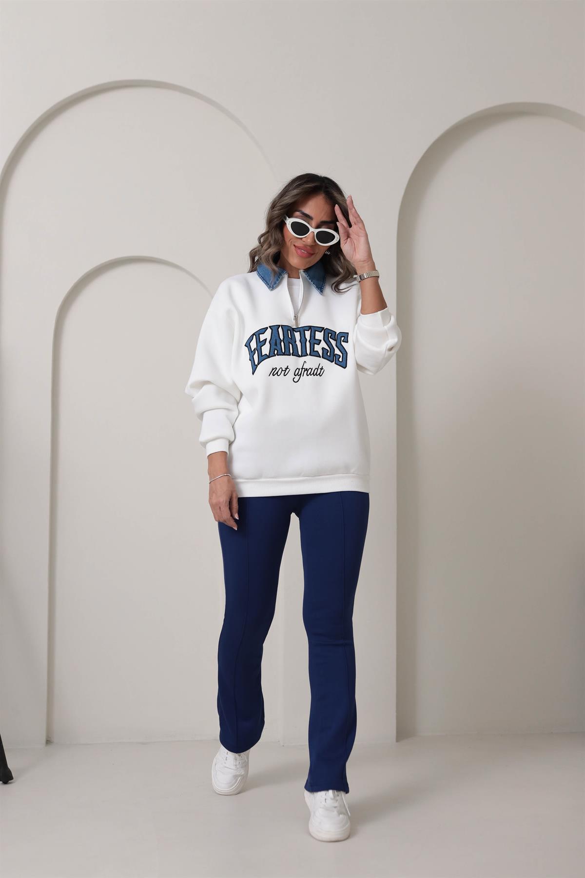 8660 Denim Mix Yaka Fermuarlı Şardonlu Sweatshirt EKRU