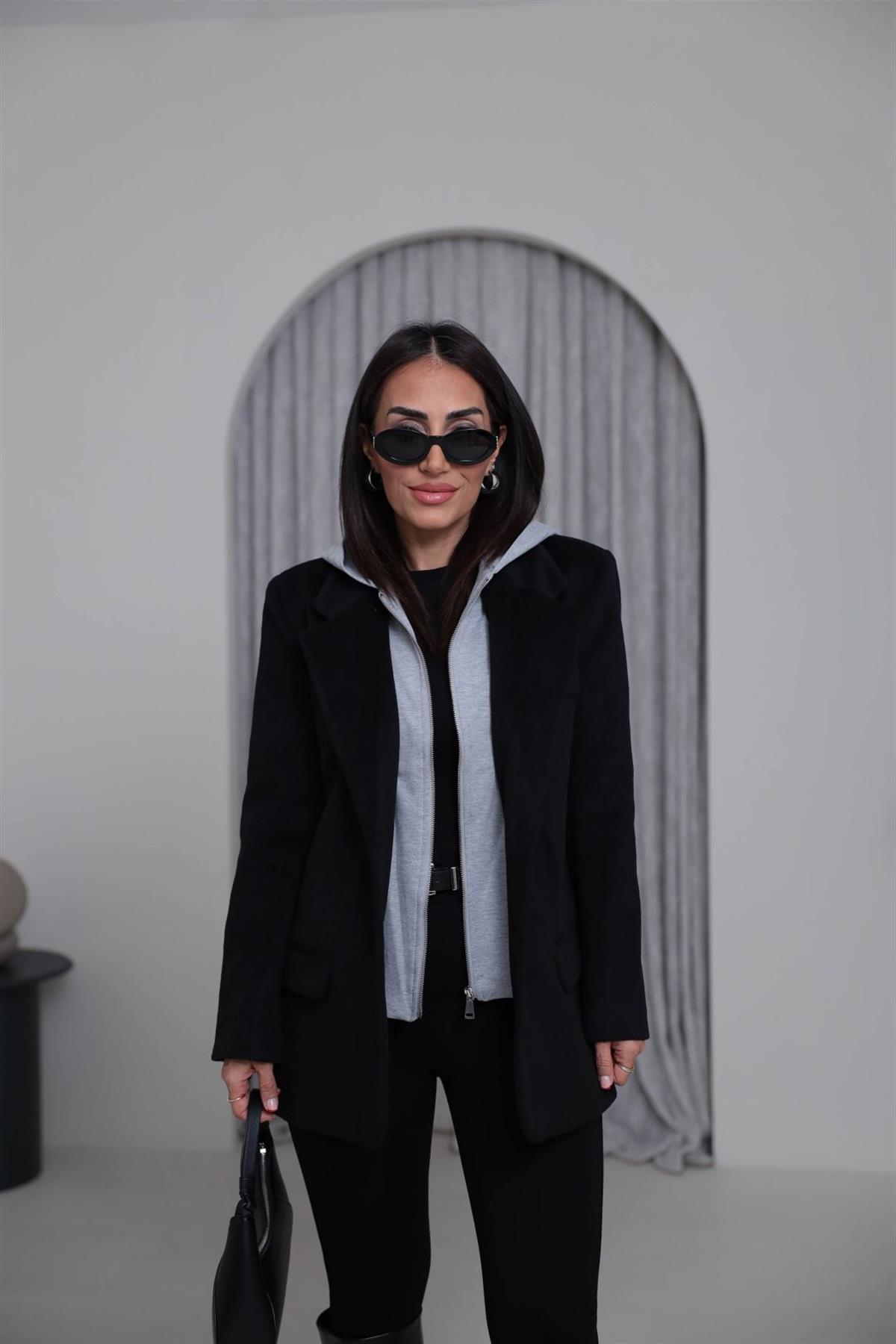 8733K Penye Kapşonlu Kaşe Ceket SİYAH