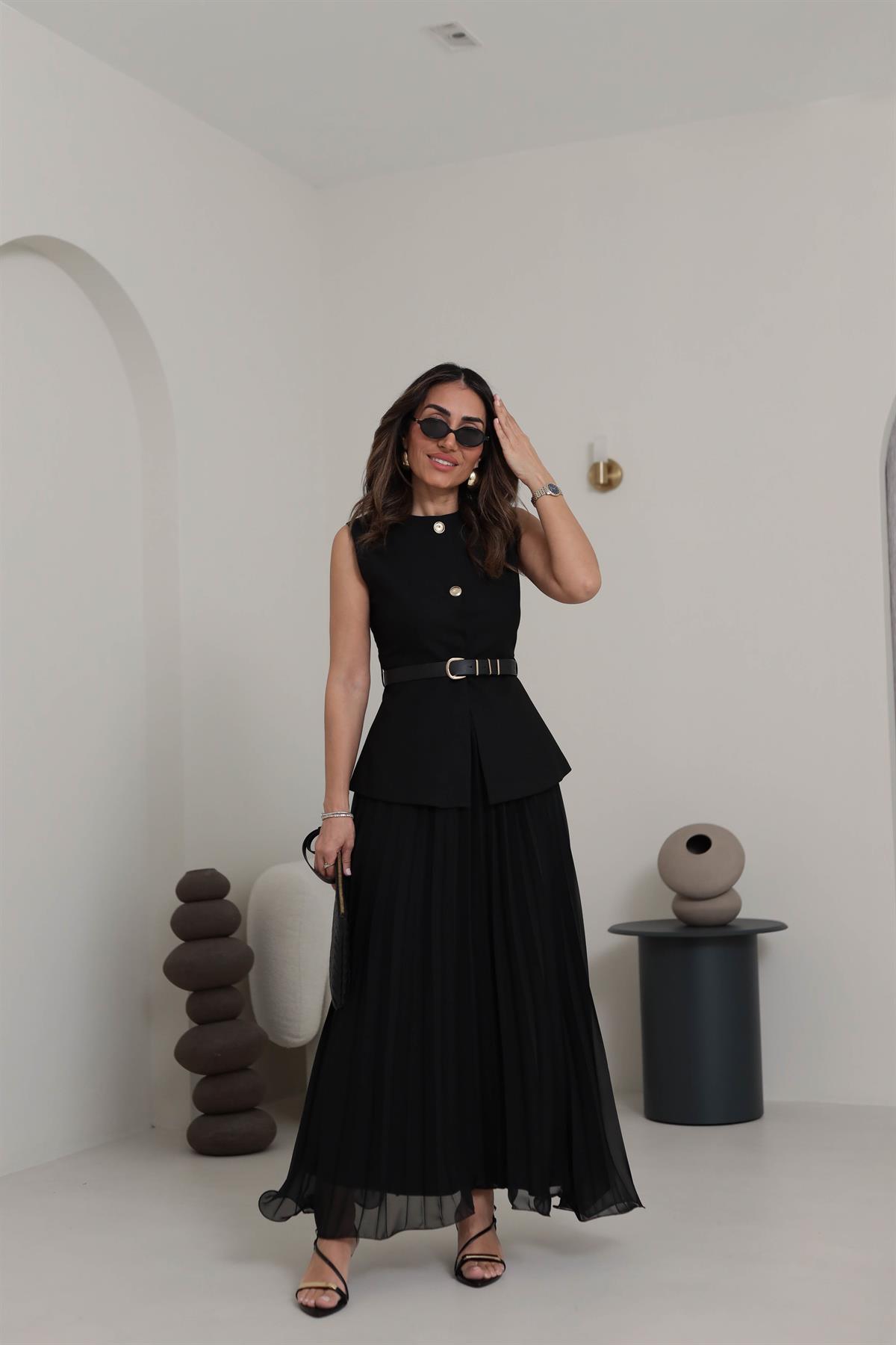 0287 Piliseli Şifon Maxi Etek SİYAH