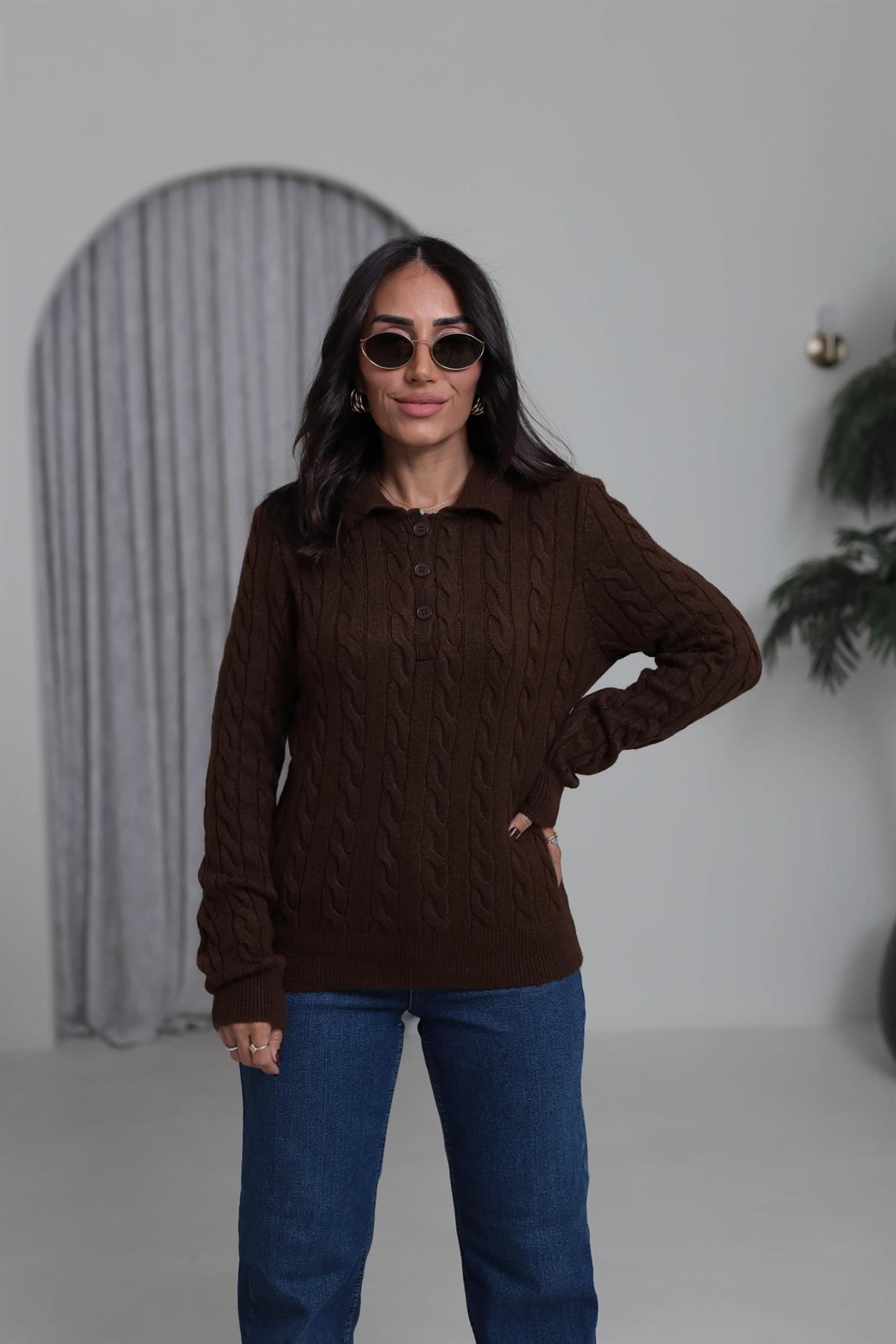 0145 Saç Örgü Polo Yaka Rahat Kazak KAHVE